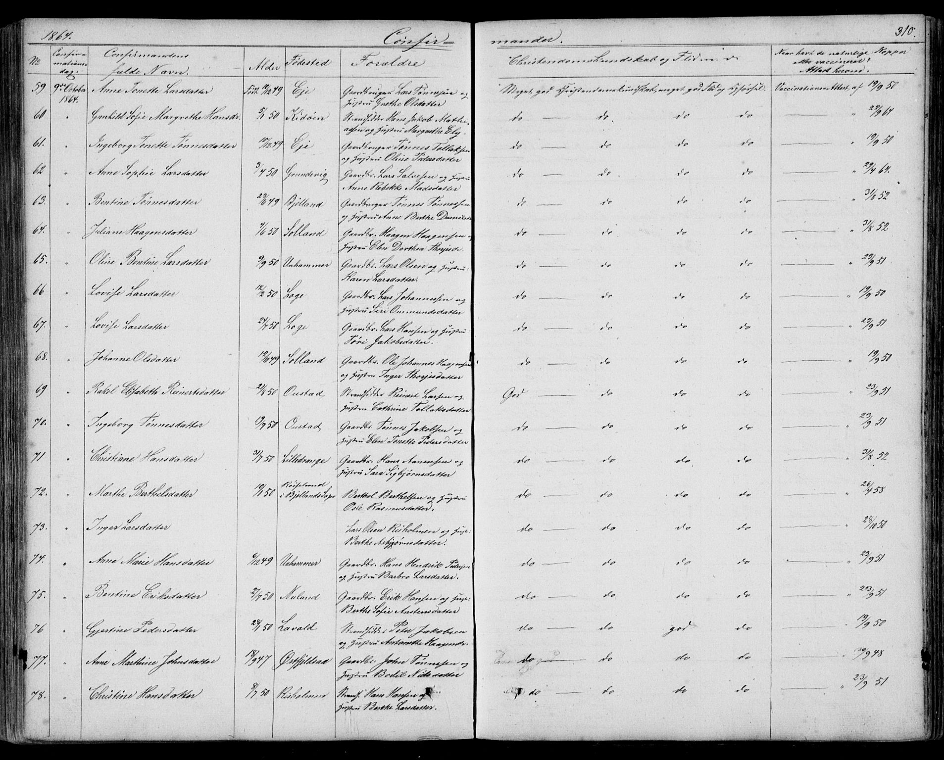 Flekkefjord sokneprestkontor, SAK/1111-0012/F/Fb/Fbc/L0005: Parish register (copy) no. B 5, 1846-1866, p. 310