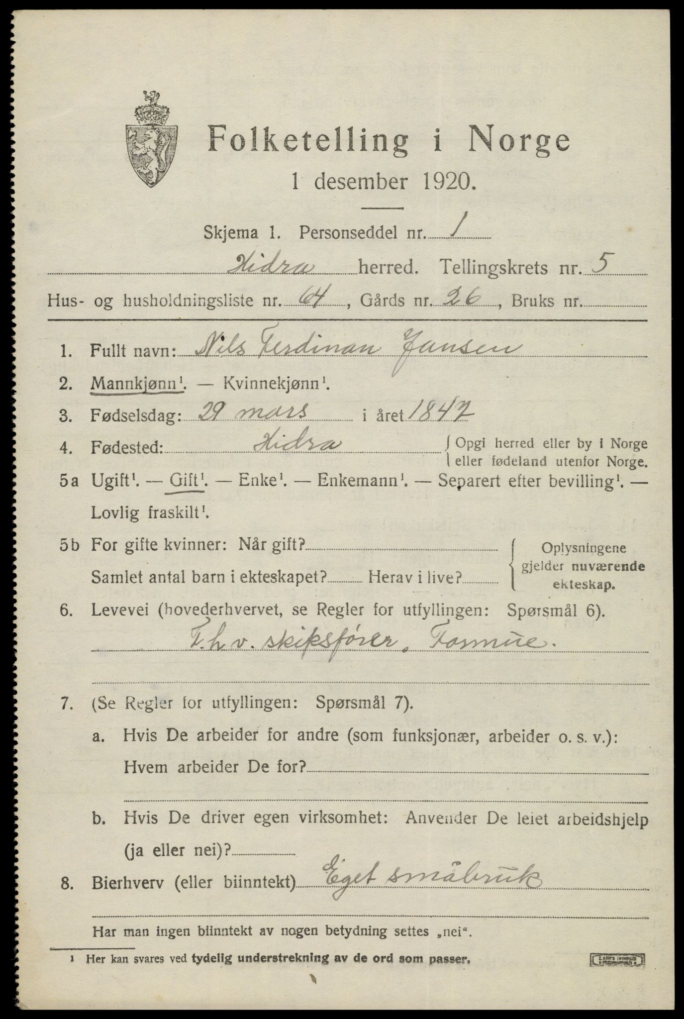 SAK, 1920 census for Hidra, 1920, p. 4056