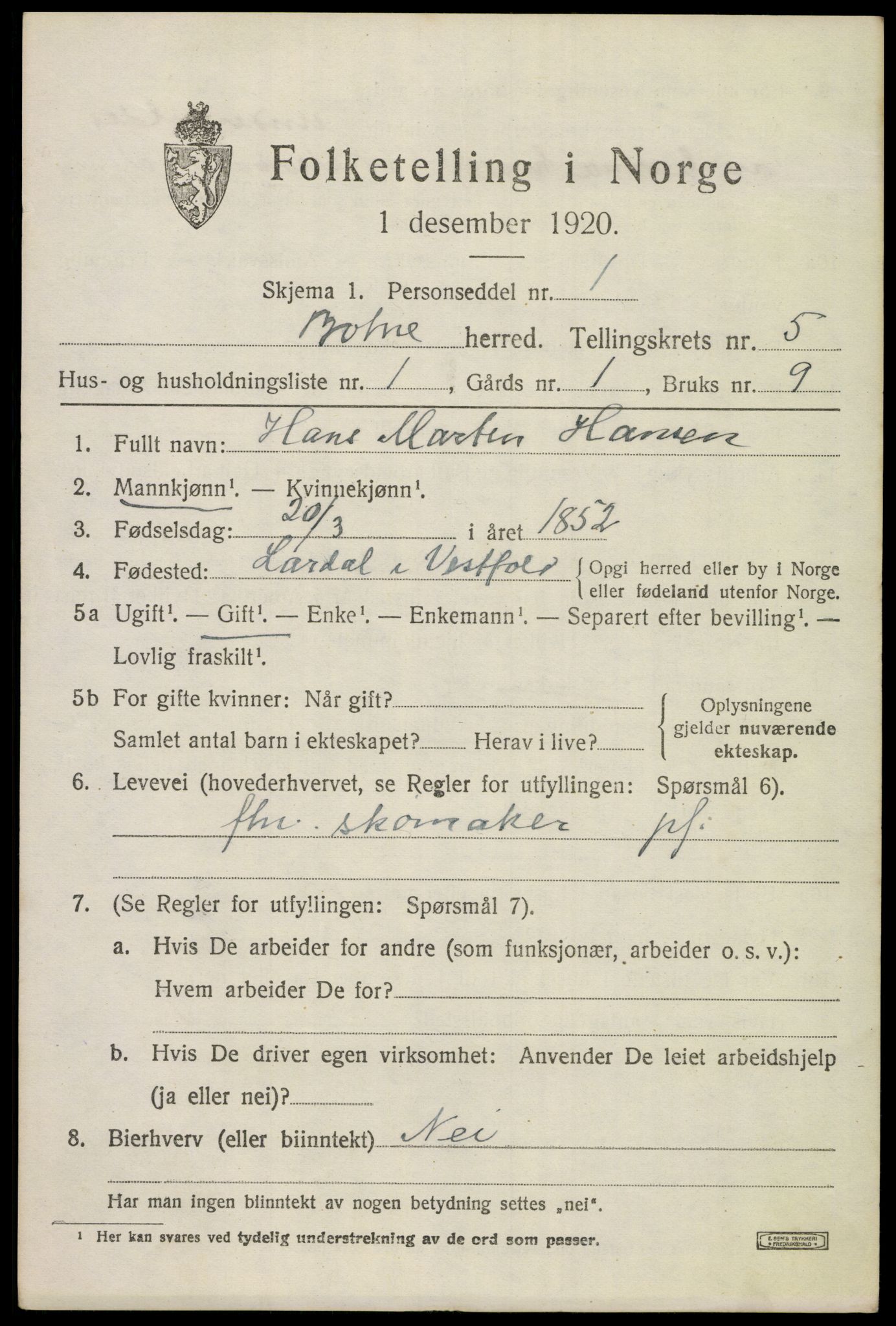 SAKO, 1920 census for Botne, 1920, p. 4233