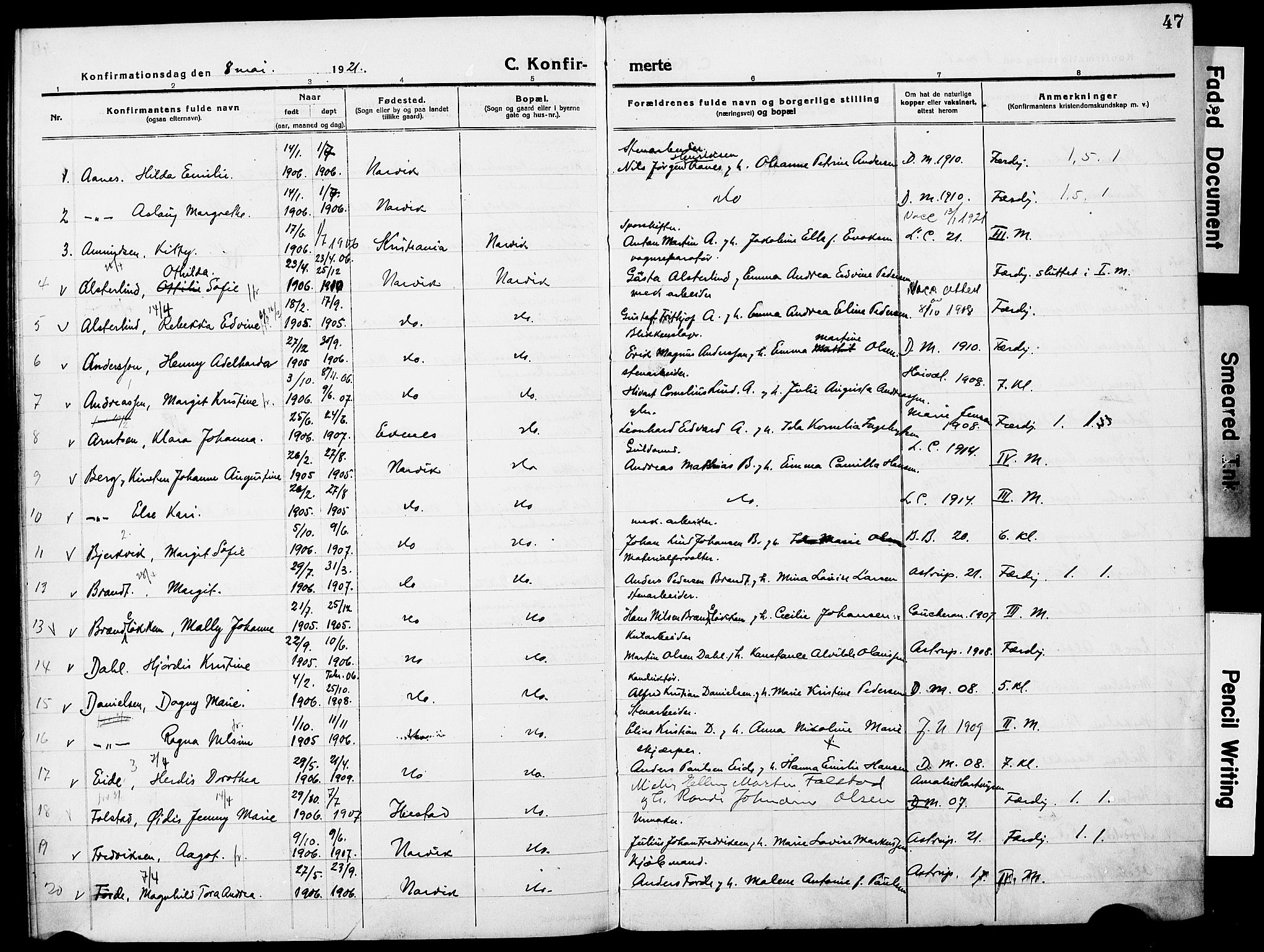 Ministerialprotokoller, klokkerbøker og fødselsregistre - Nordland, AV/SAT-A-1459/871/L0989: Parish register (official) no. 871A05, 1915-1922, p. 47