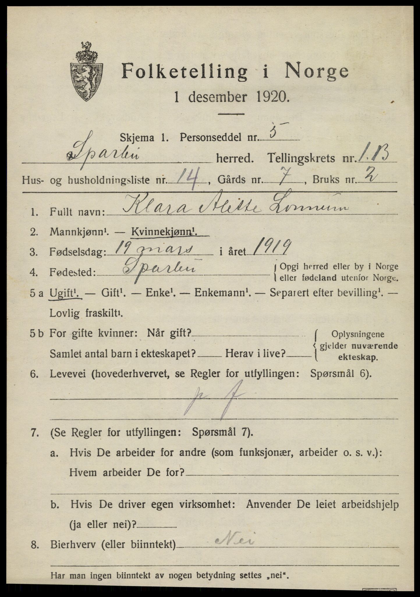 SAT, 1920 census for Sparbu, 1920, p. 2121