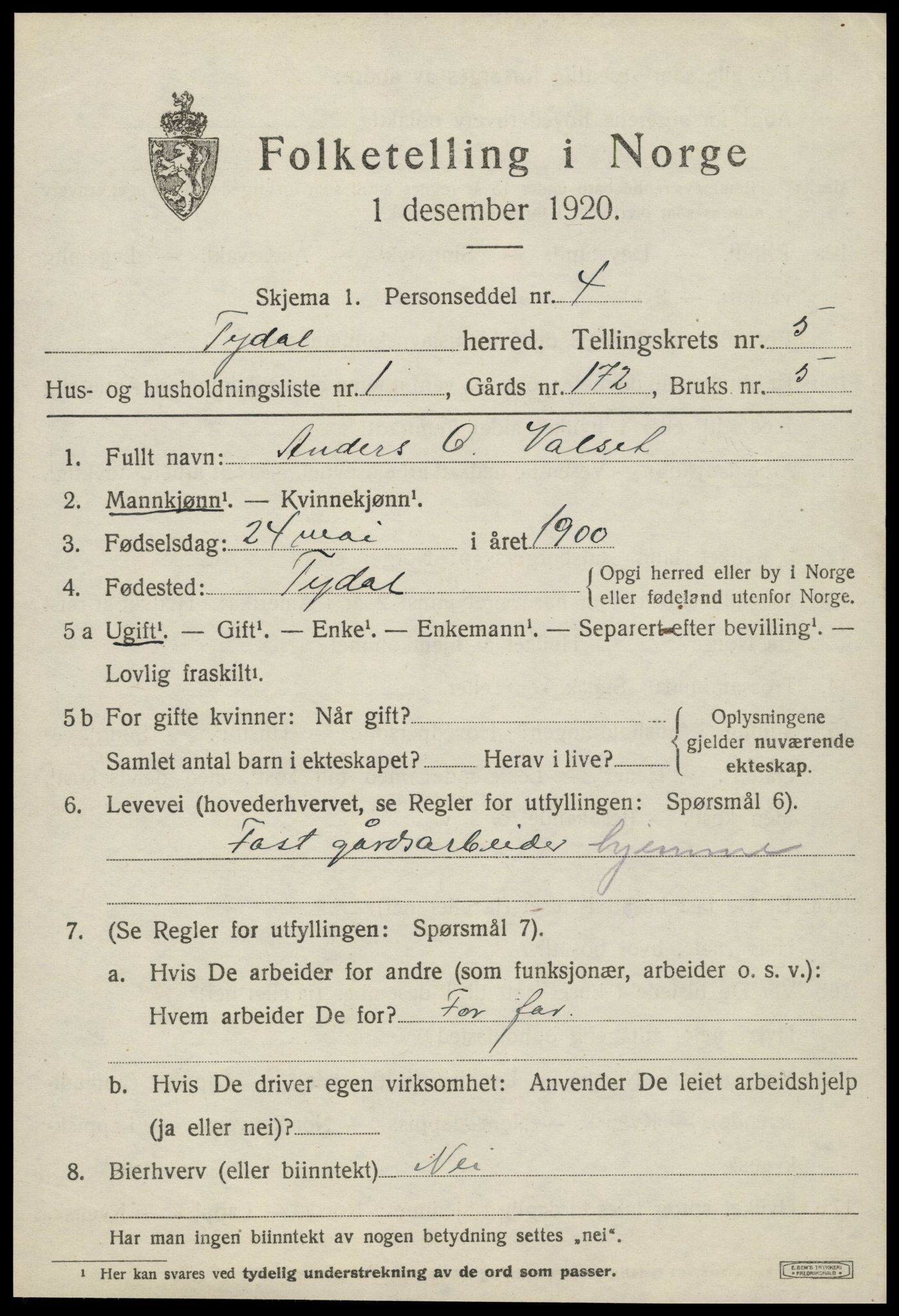 SAT, 1920 census for Tydal, 1920, p. 1719