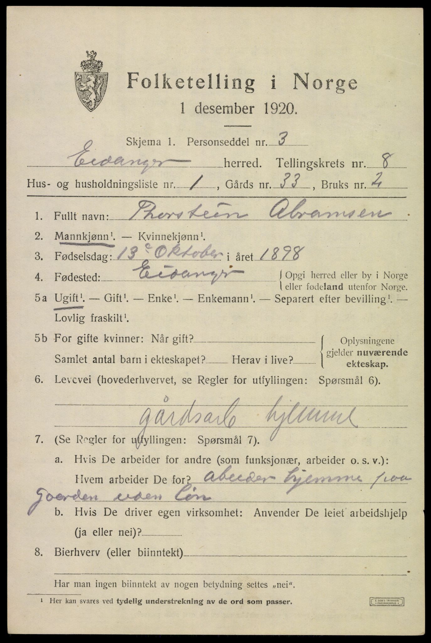 SAKO, 1920 census for Eidanger, 1920, p. 5436