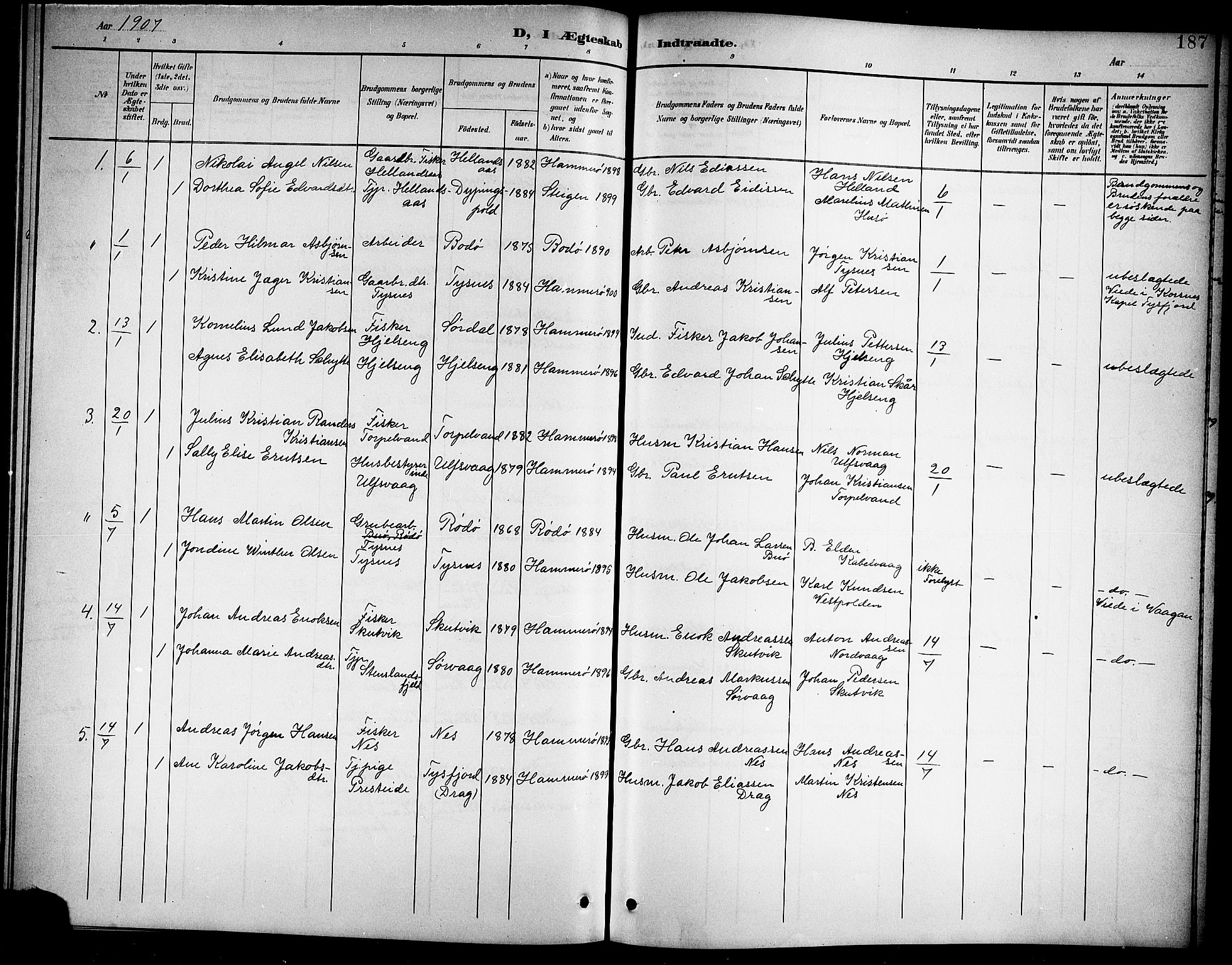 Ministerialprotokoller, klokkerbøker og fødselsregistre - Nordland, SAT/A-1459/859/L0860: Parish register (copy) no. 859C06, 1899-1909, p. 187