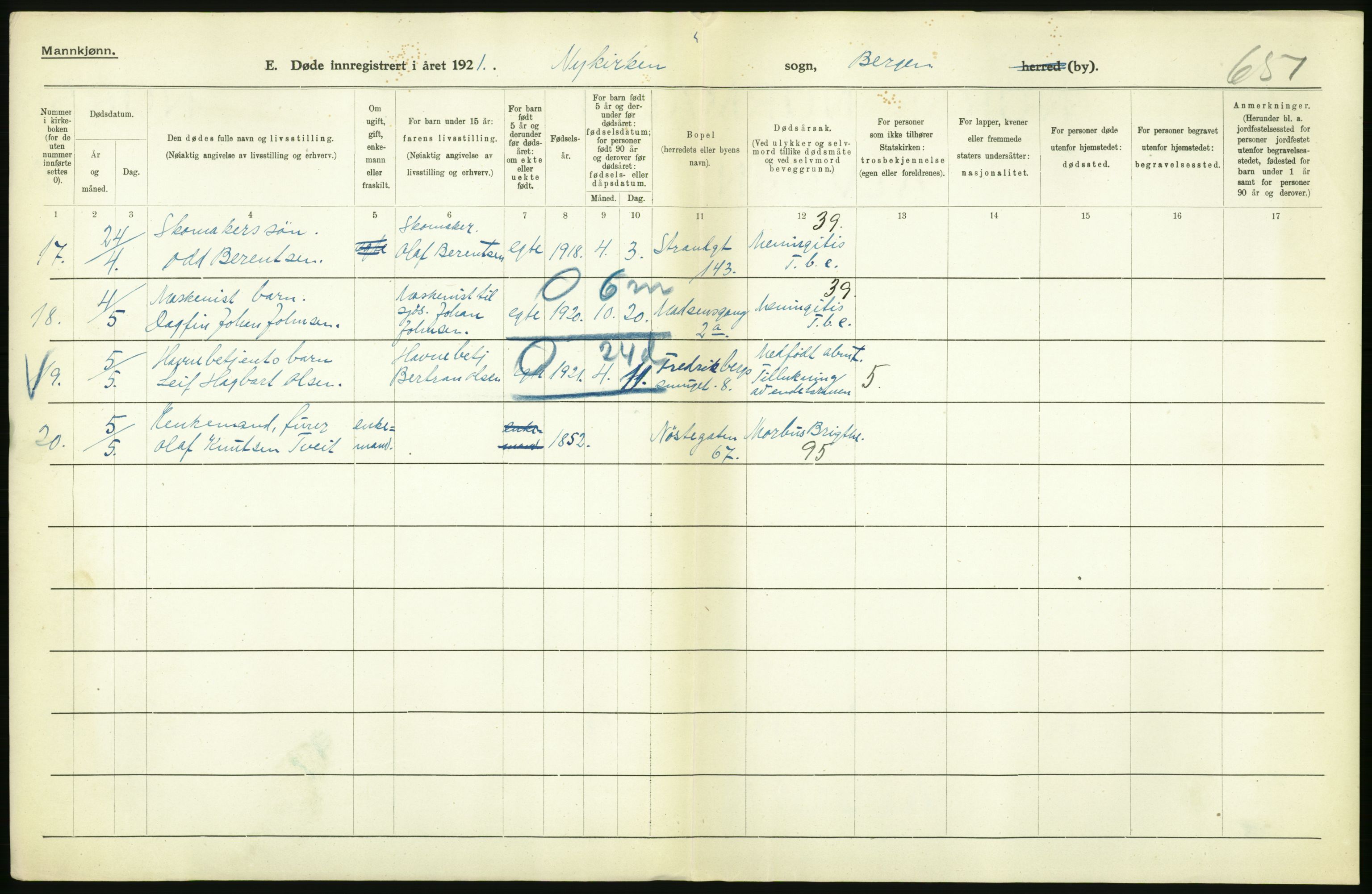 Statistisk sentralbyrå, Sosiodemografiske emner, Befolkning, AV/RA-S-2228/D/Df/Dfc/Dfca/L0036: Bergen: Døde., 1921, p. 66