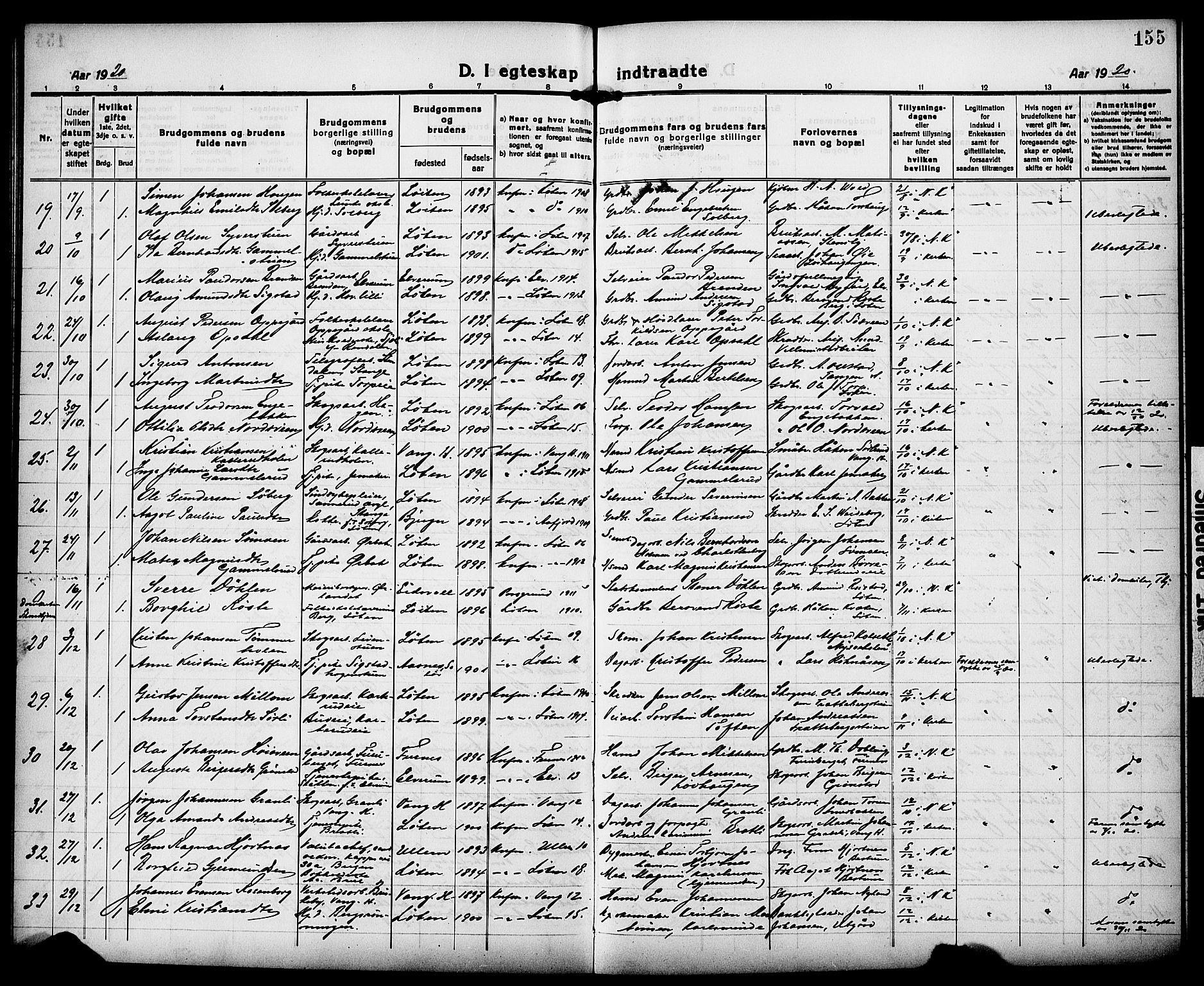 Løten prestekontor, AV/SAH-PREST-022/L/La/L0008: Parish register (copy) no. 8, 1920-1929, p. 155