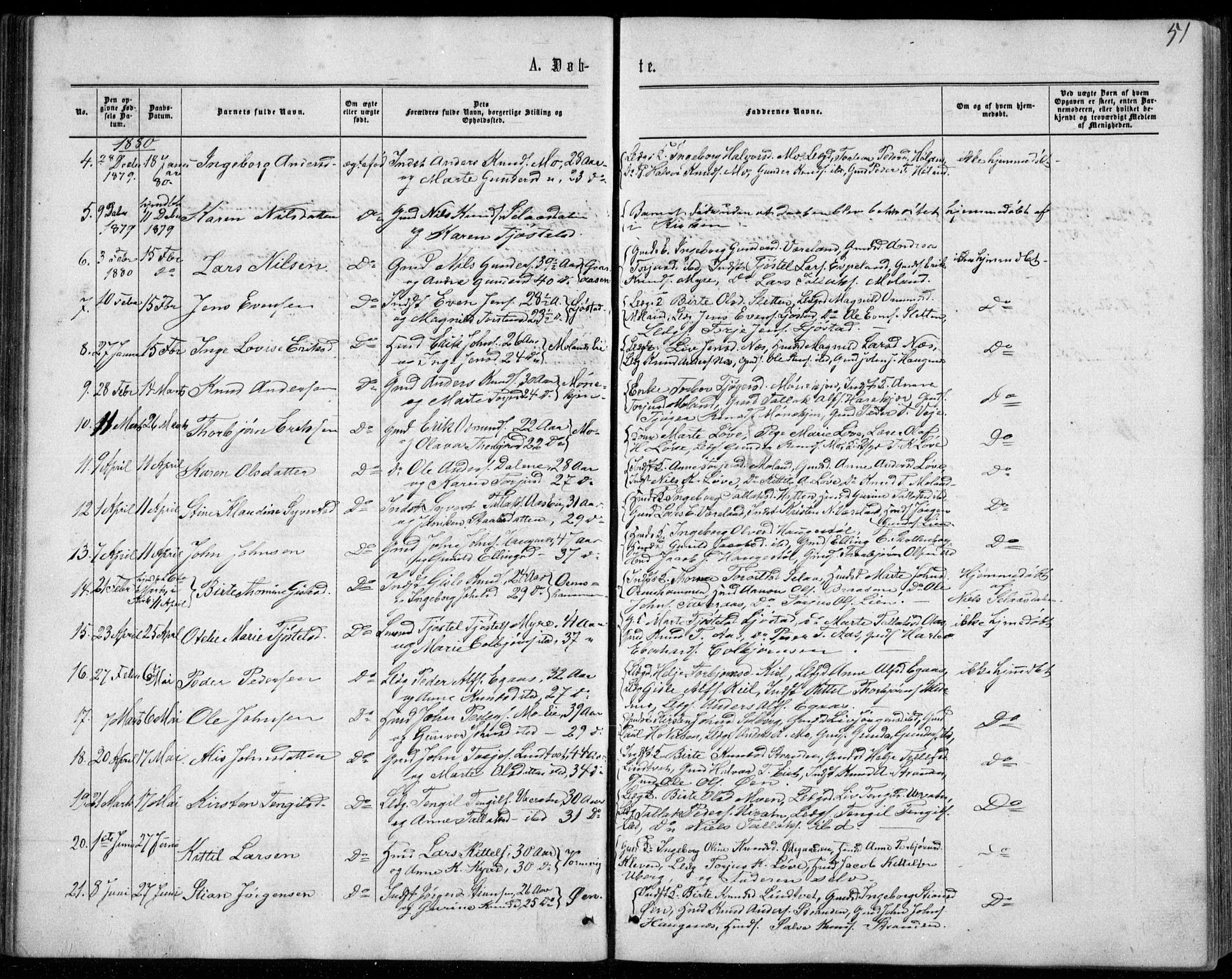 Gjerstad sokneprestkontor, SAK/1111-0014/F/Fb/Fbb/L0003: Parish register (copy) no. B 3, 1862-1889, p. 51