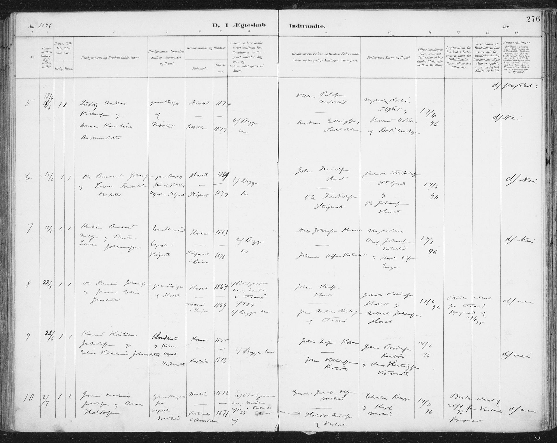 Ministerialprotokoller, klokkerbøker og fødselsregistre - Nordland, SAT/A-1459/852/L0741: Parish register (official) no. 852A11, 1894-1917, p. 276