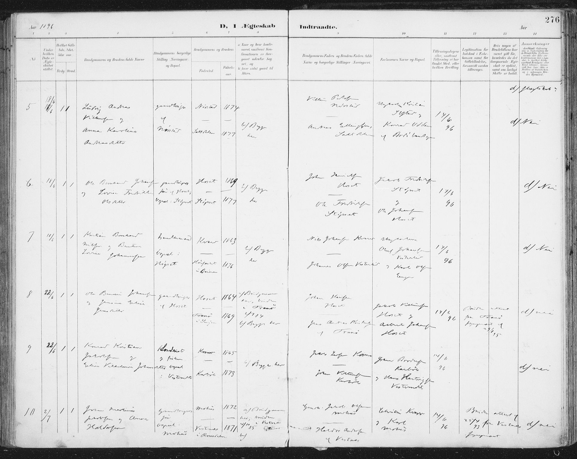 Ministerialprotokoller, klokkerbøker og fødselsregistre - Nordland, AV/SAT-A-1459/852/L0741: Parish register (official) no. 852A11, 1894-1917, p. 276