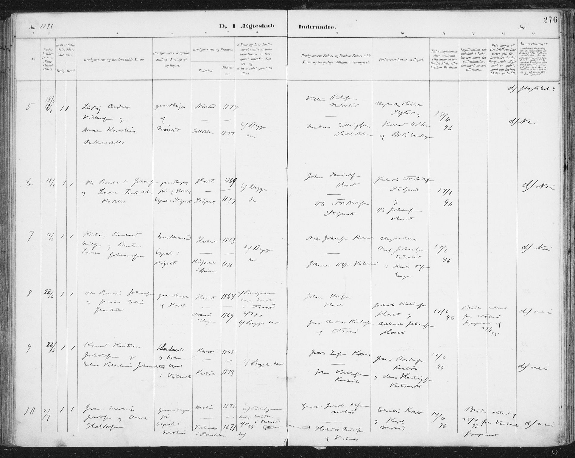 Ministerialprotokoller, klokkerbøker og fødselsregistre - Nordland, AV/SAT-A-1459/852/L0741: Parish register (official) no. 852A11, 1894-1917, p. 276