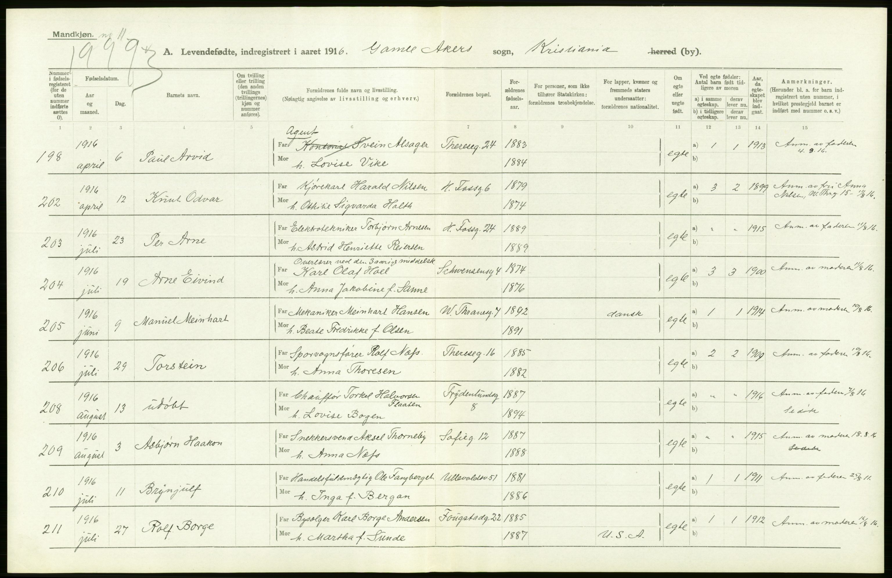 Statistisk sentralbyrå, Sosiodemografiske emner, Befolkning, AV/RA-S-2228/D/Df/Dfb/Dfbf/L0006: Kristiania: Levendefødte menn og kvinner., 1916, p. 340