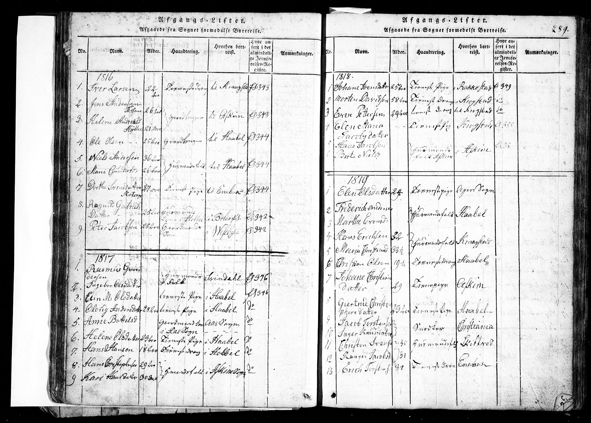 Spydeberg prestekontor Kirkebøker, SAO/A-10924/G/Ga/L0001: Parish register (copy) no. I 1, 1814-1868, p. 289