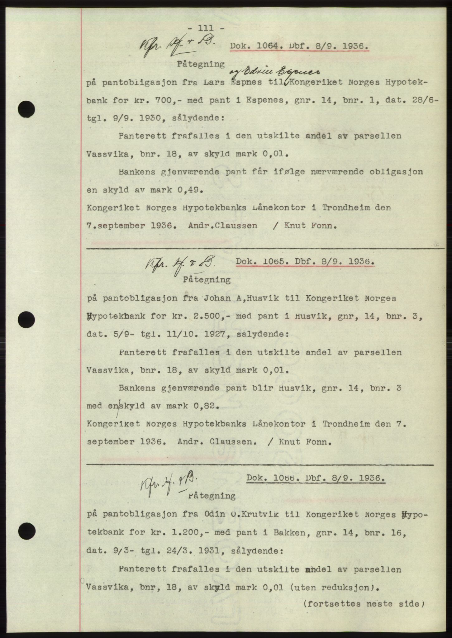 Hitra sorenskriveri, AV/SAT-A-0018/2/2C/2Ca: Mortgage book no. C1, 1936-1945, Diary no: : 1064/1936