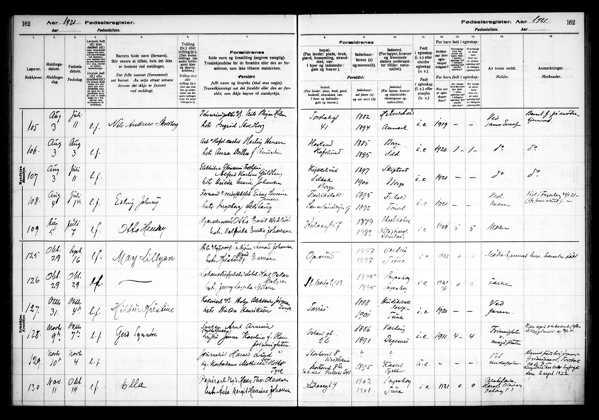 Sarpsborg prestekontor Kirkebøker, AV/SAO-A-2006/J/Ja/L0001: Birth register no. 1, 1916-1922, p. 162