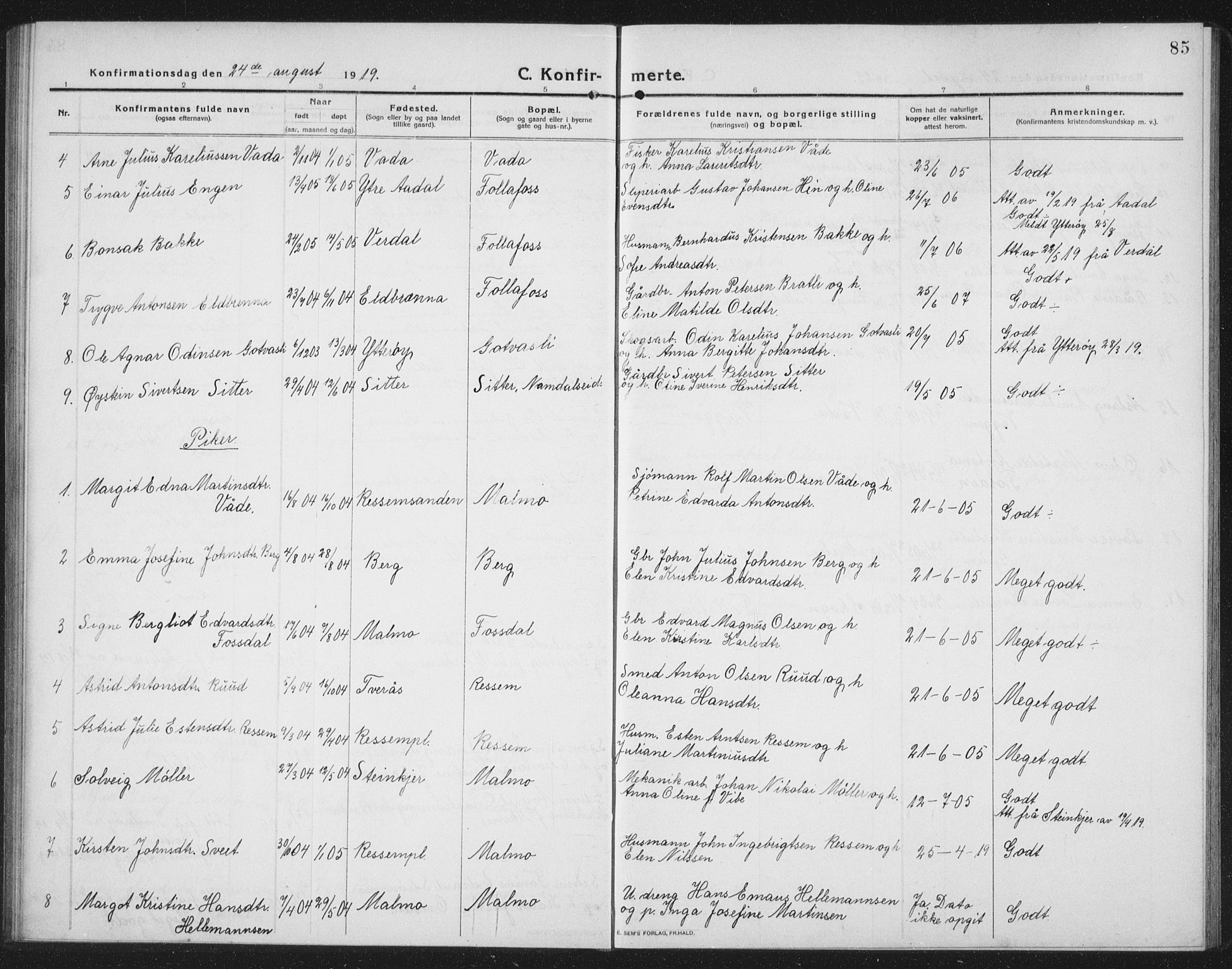 Ministerialprotokoller, klokkerbøker og fødselsregistre - Nord-Trøndelag, SAT/A-1458/745/L0434: Parish register (copy) no. 745C03, 1914-1937, p. 85