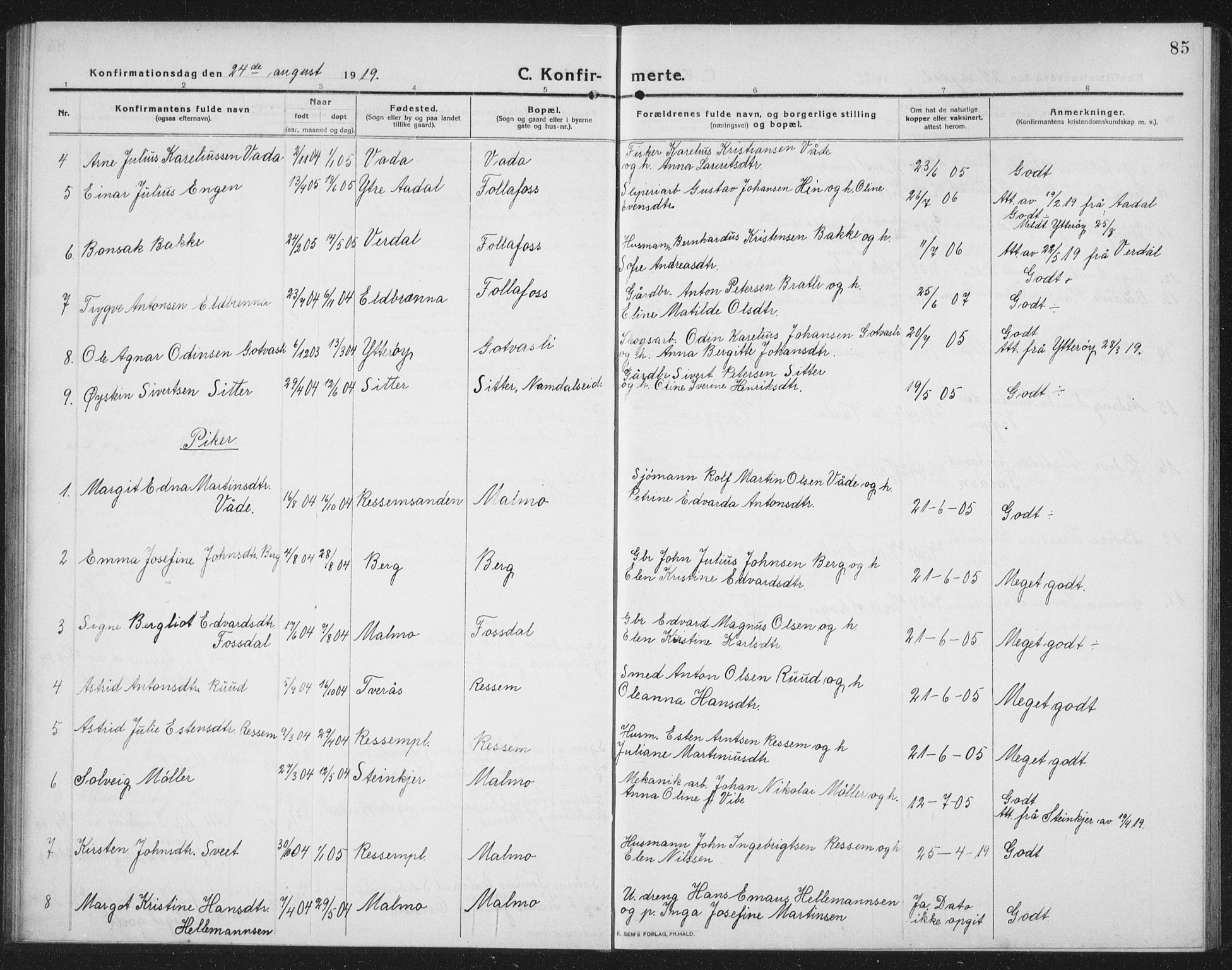 Ministerialprotokoller, klokkerbøker og fødselsregistre - Nord-Trøndelag, AV/SAT-A-1458/745/L0434: Parish register (copy) no. 745C03, 1914-1937, p. 85