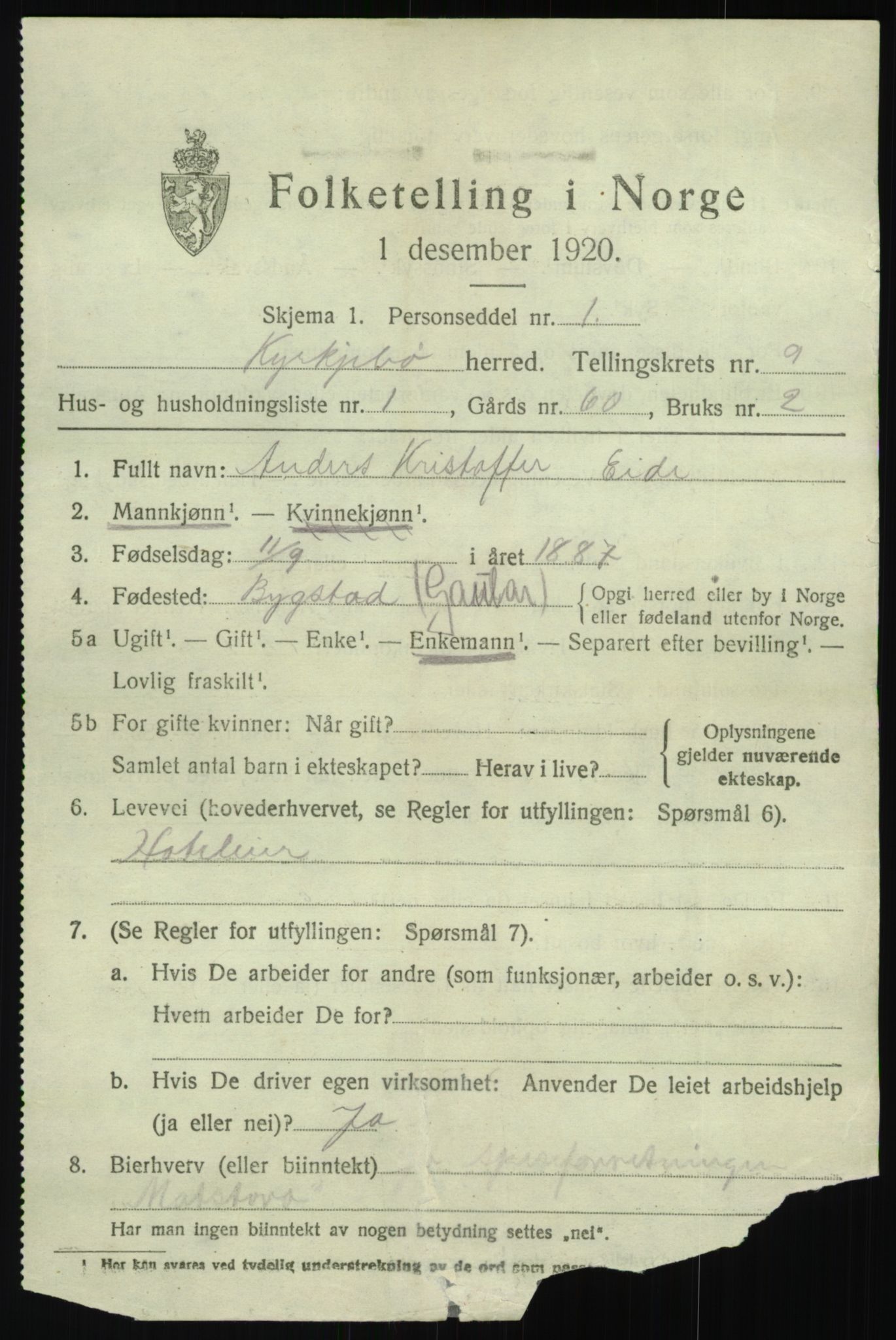 SAB, 1920 census for Kyrkjebø, 1920, p. 3857