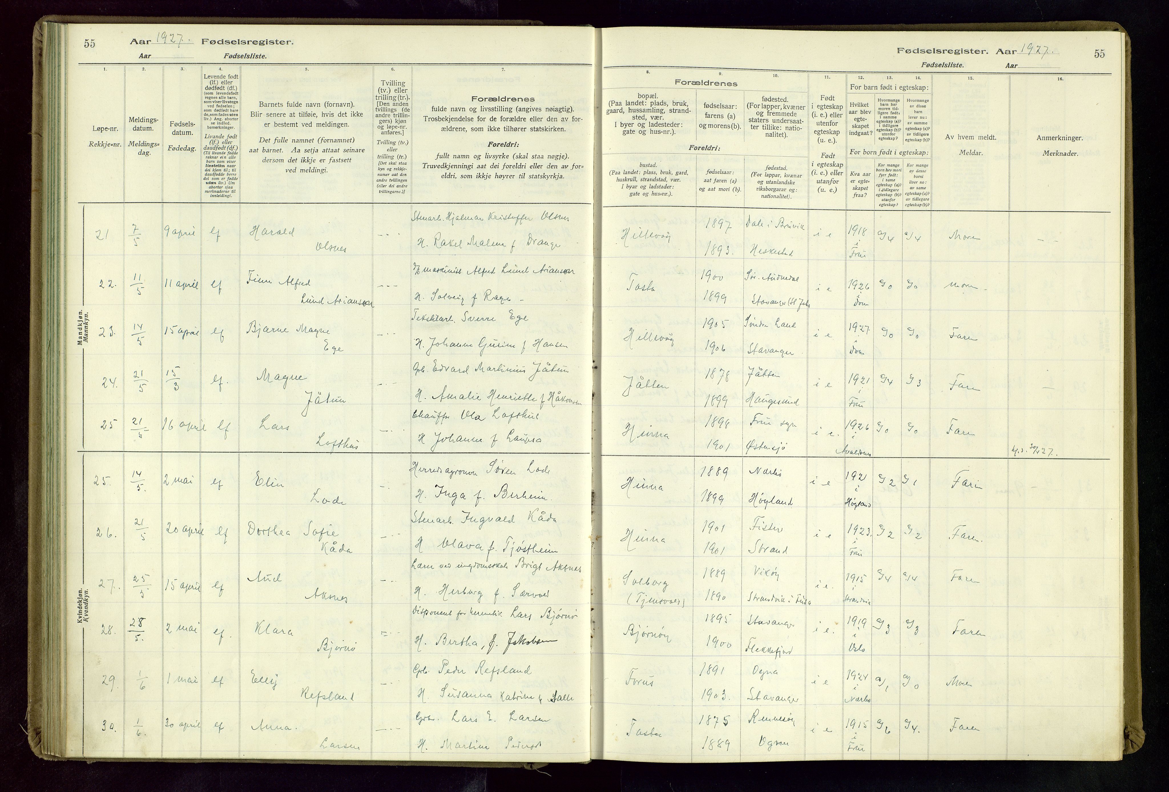 Hetland sokneprestkontor, AV/SAST-A-101826/70/704BA/L0004: Birth register no. 4, 1923-1937, p. 55