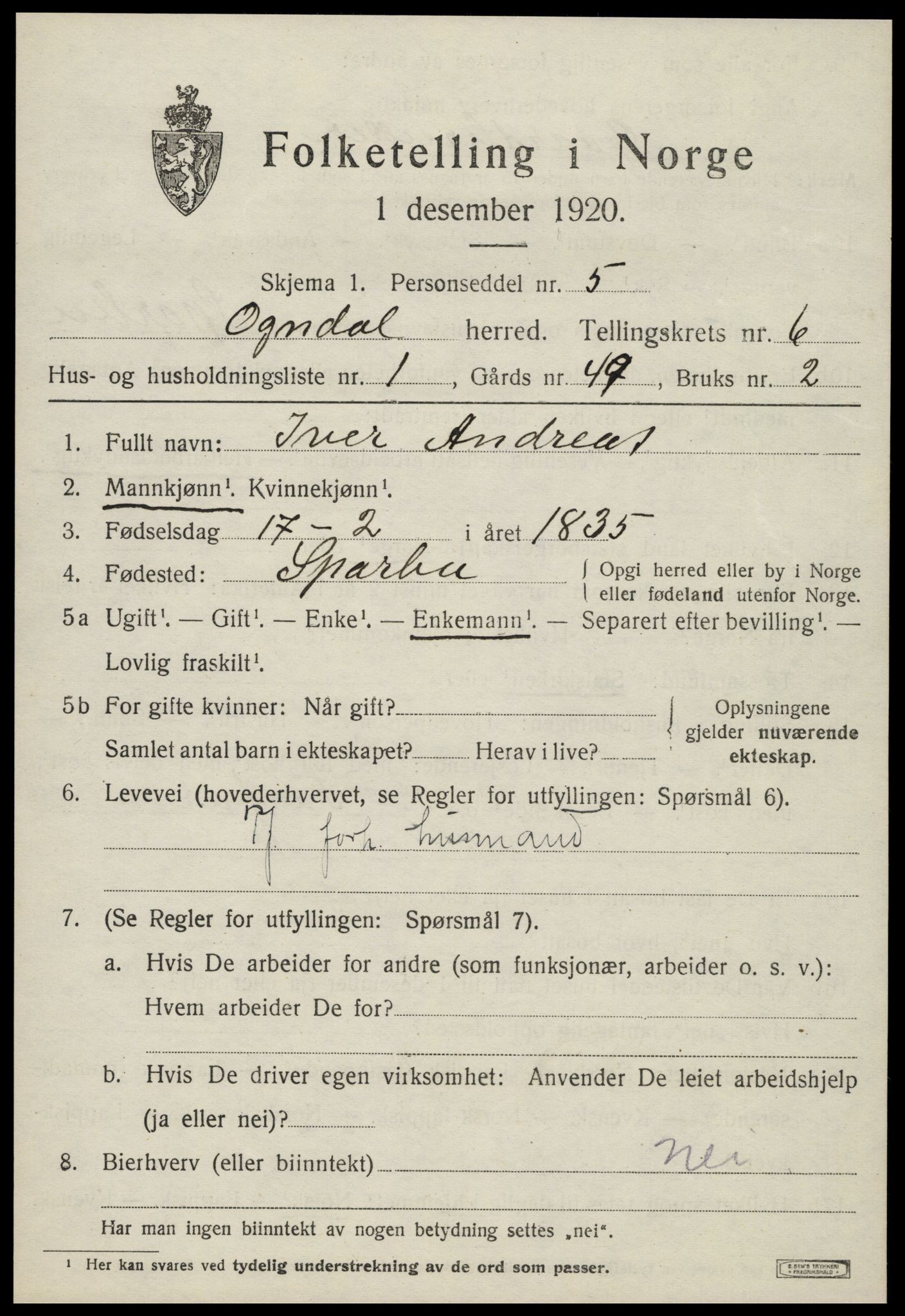 SAT, 1920 census for Ogndal, 1920, p. 2291