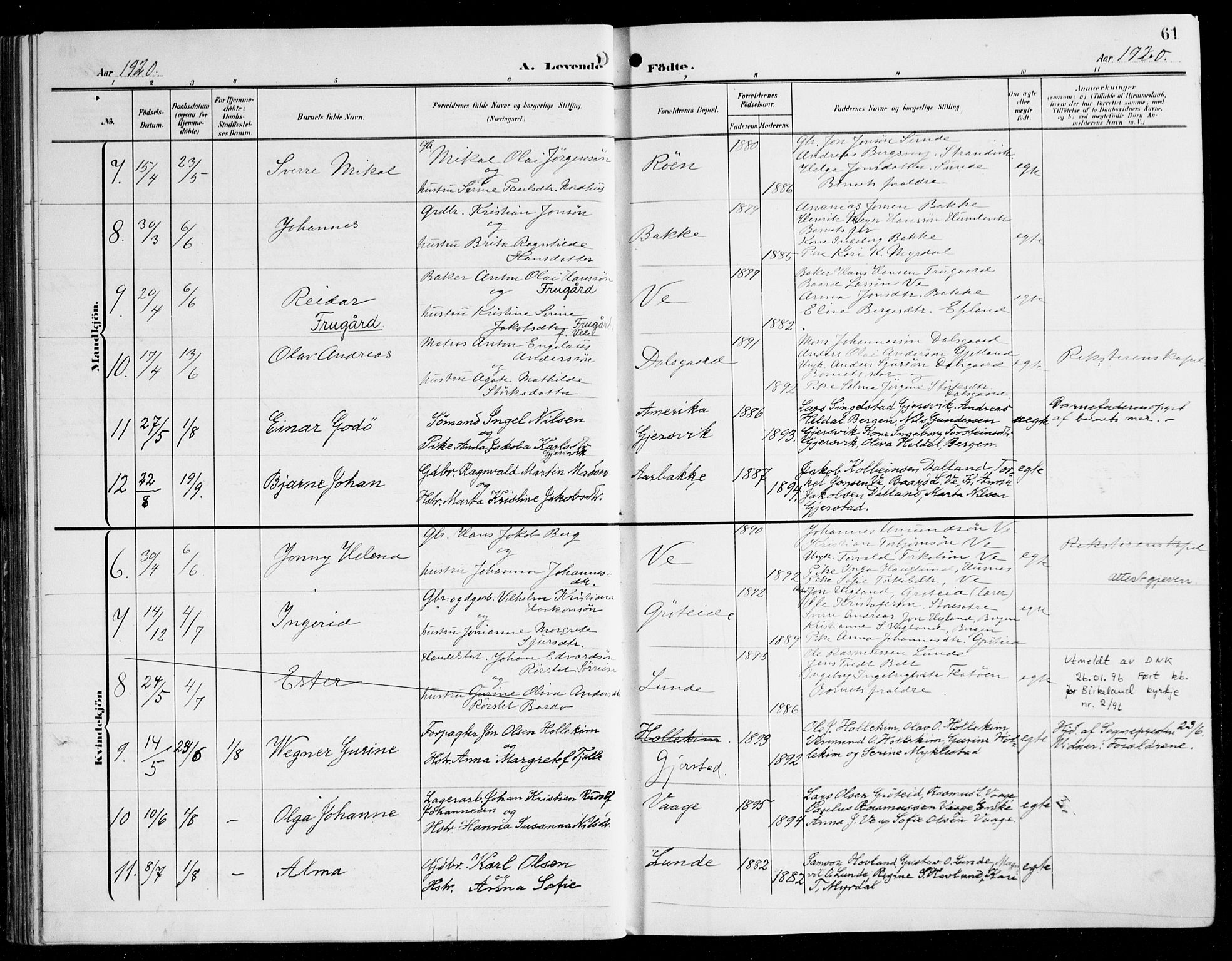 Tysnes sokneprestembete, SAB/A-78601/H/Haa: Parish register (official) no. B 2, 1907-1925, p. 61