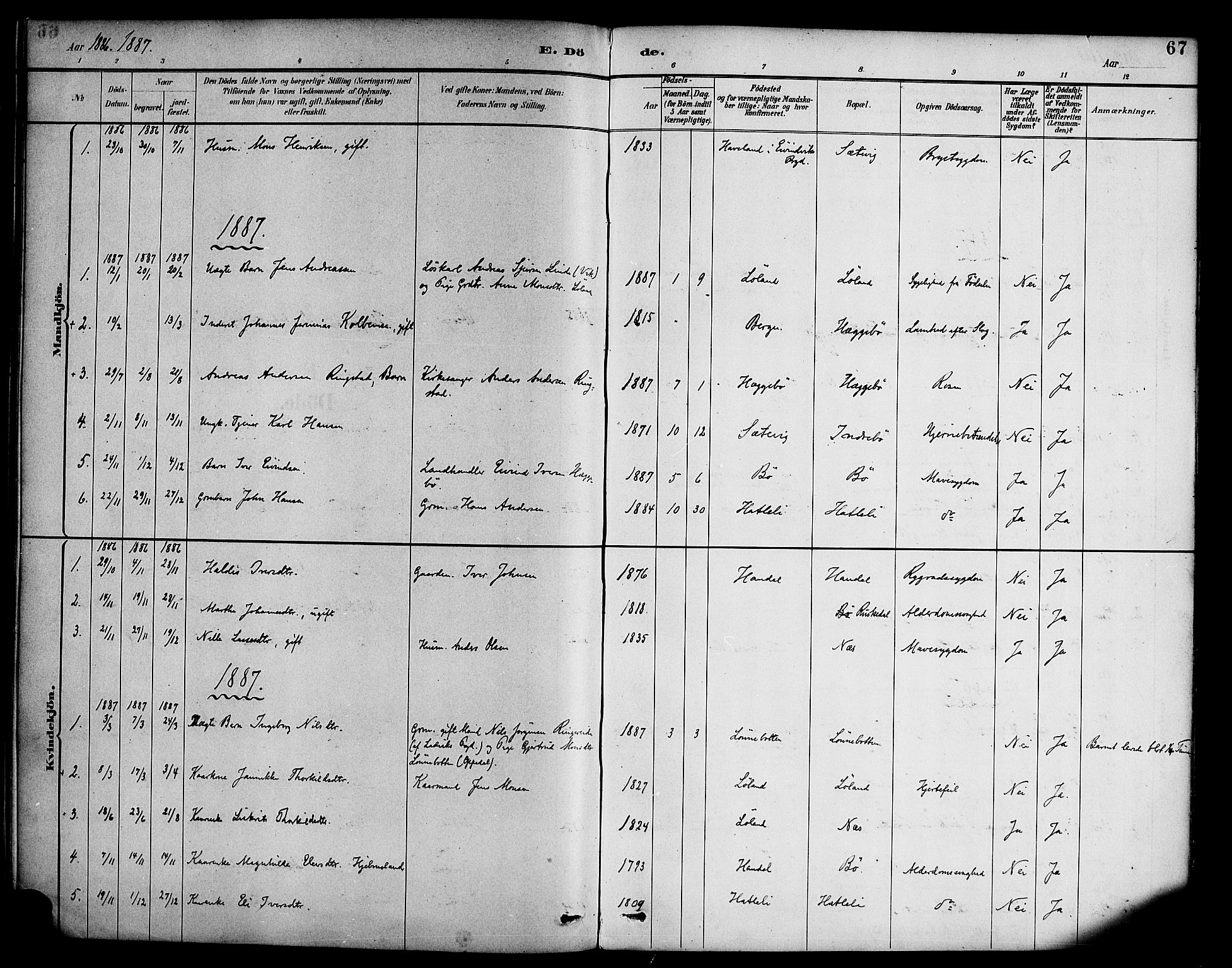 Hyllestad sokneprestembete, SAB/A-80401: Parish register (official) no. C 1, 1886-1904, p. 67