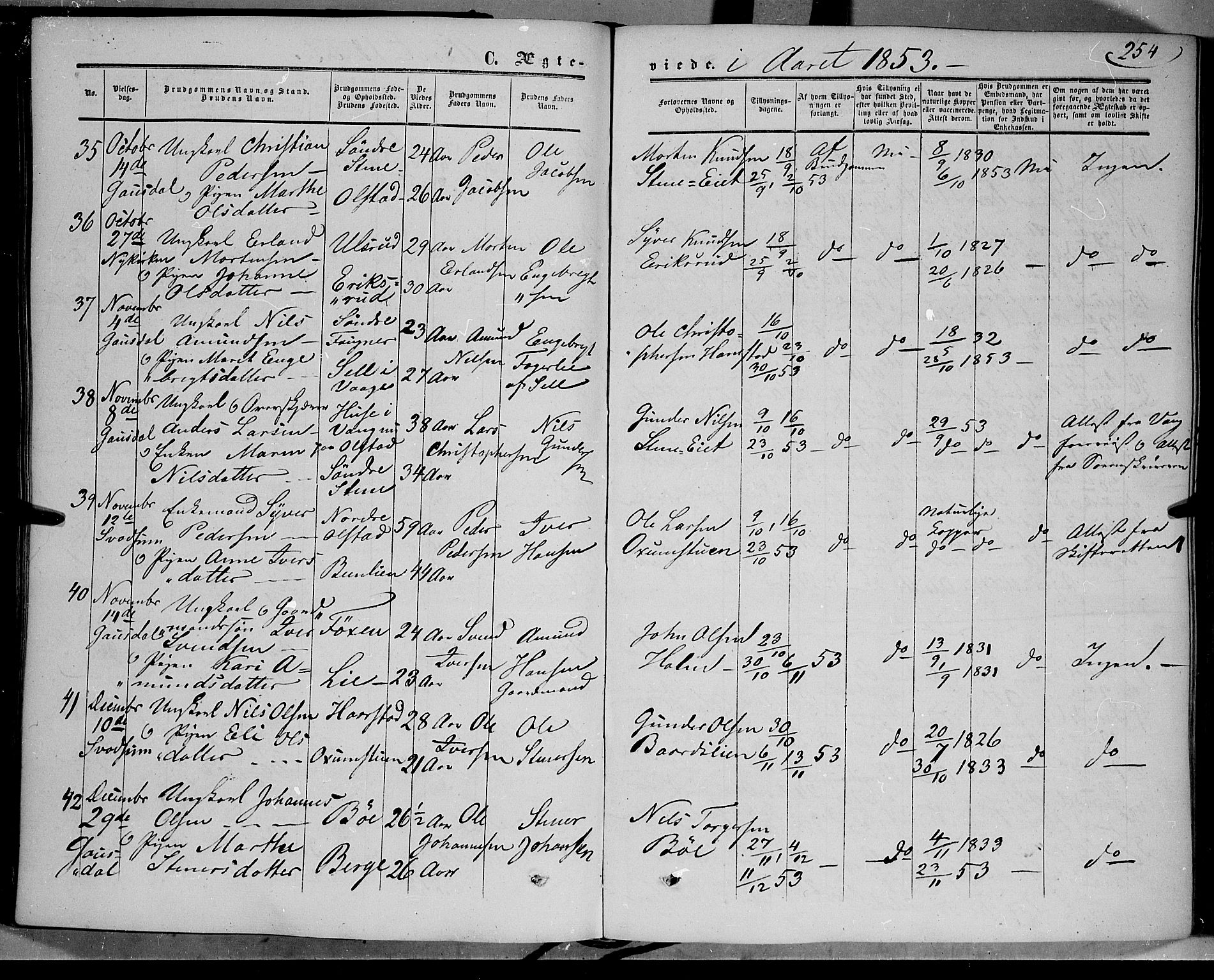 Gausdal prestekontor, SAH/PREST-090/H/Ha/Haa/L0008: Parish register (official) no. 8, 1850-1861, p. 254