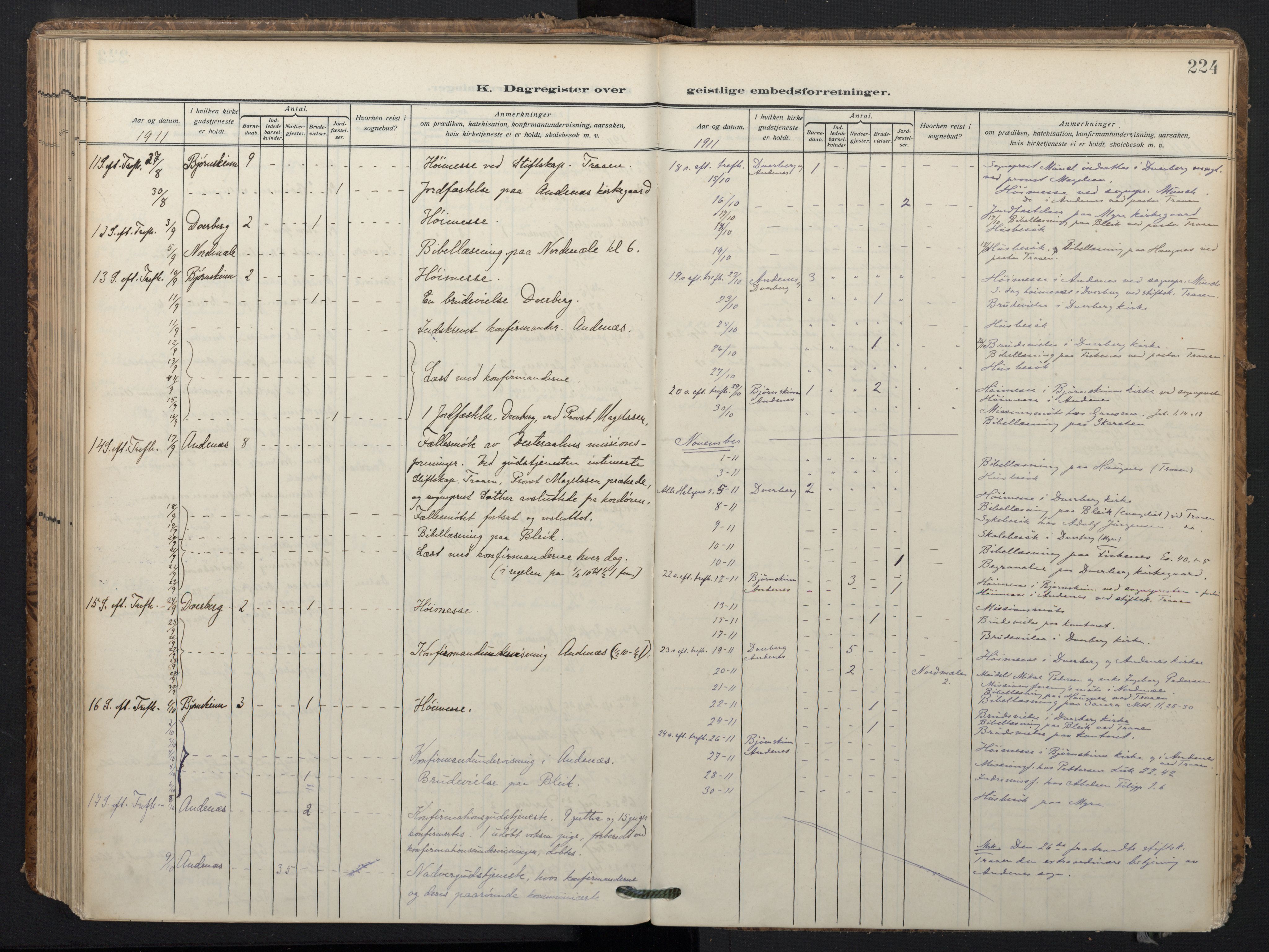 Ministerialprotokoller, klokkerbøker og fødselsregistre - Nordland, AV/SAT-A-1459/897/L1401: Parish register (official) no. 897A08, 1909-1921, p. 224