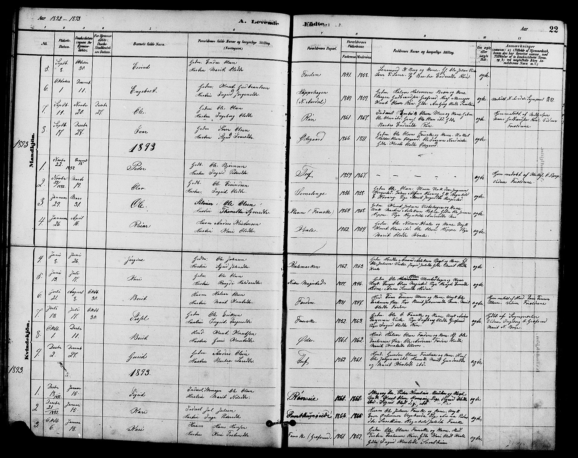 Vestre Slidre prestekontor, SAH/PREST-136/H/Ha/Hab/L0005: Parish register (copy) no. 5, 1881-1913, p. 22