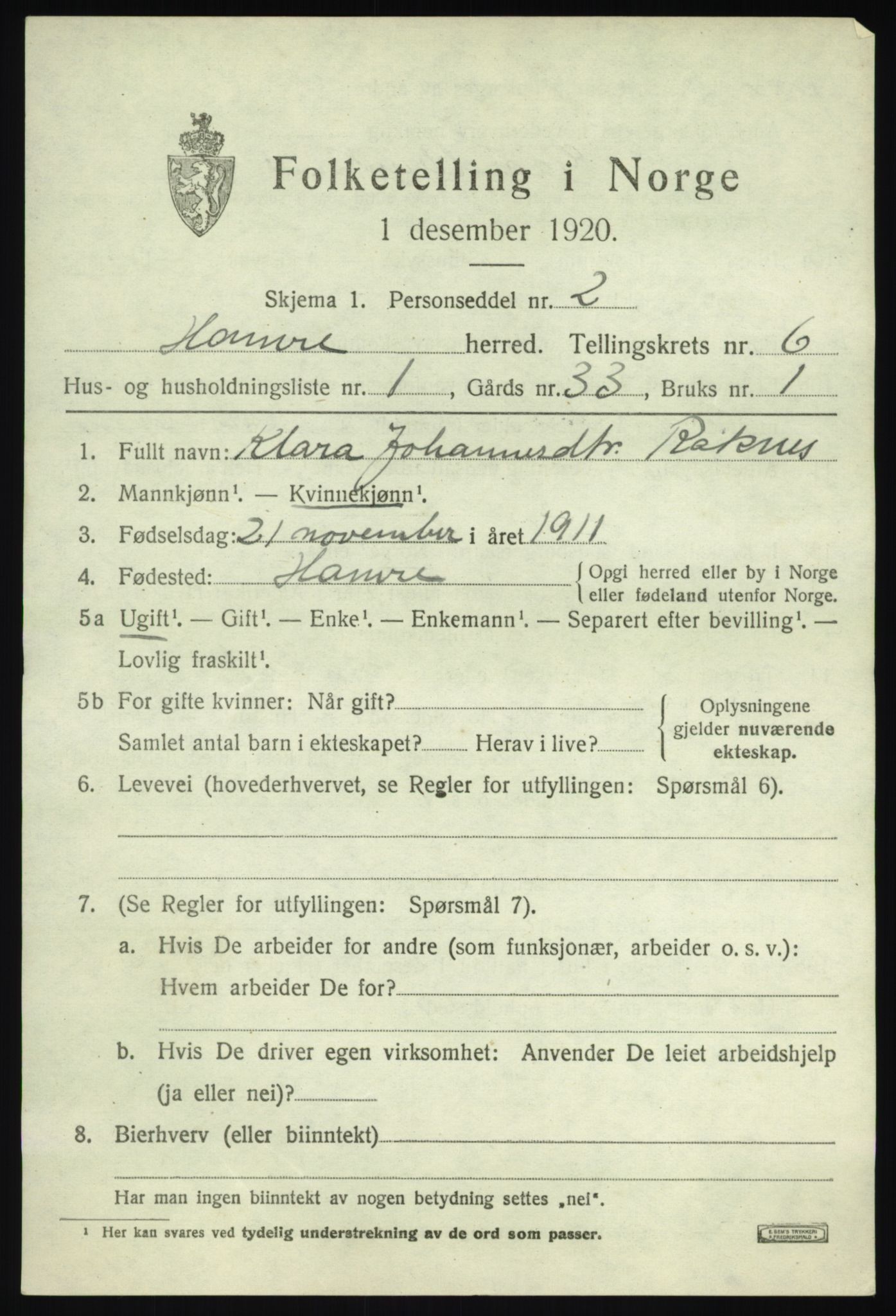 SAB, 1920 census for Hamre, 1920, p. 3451