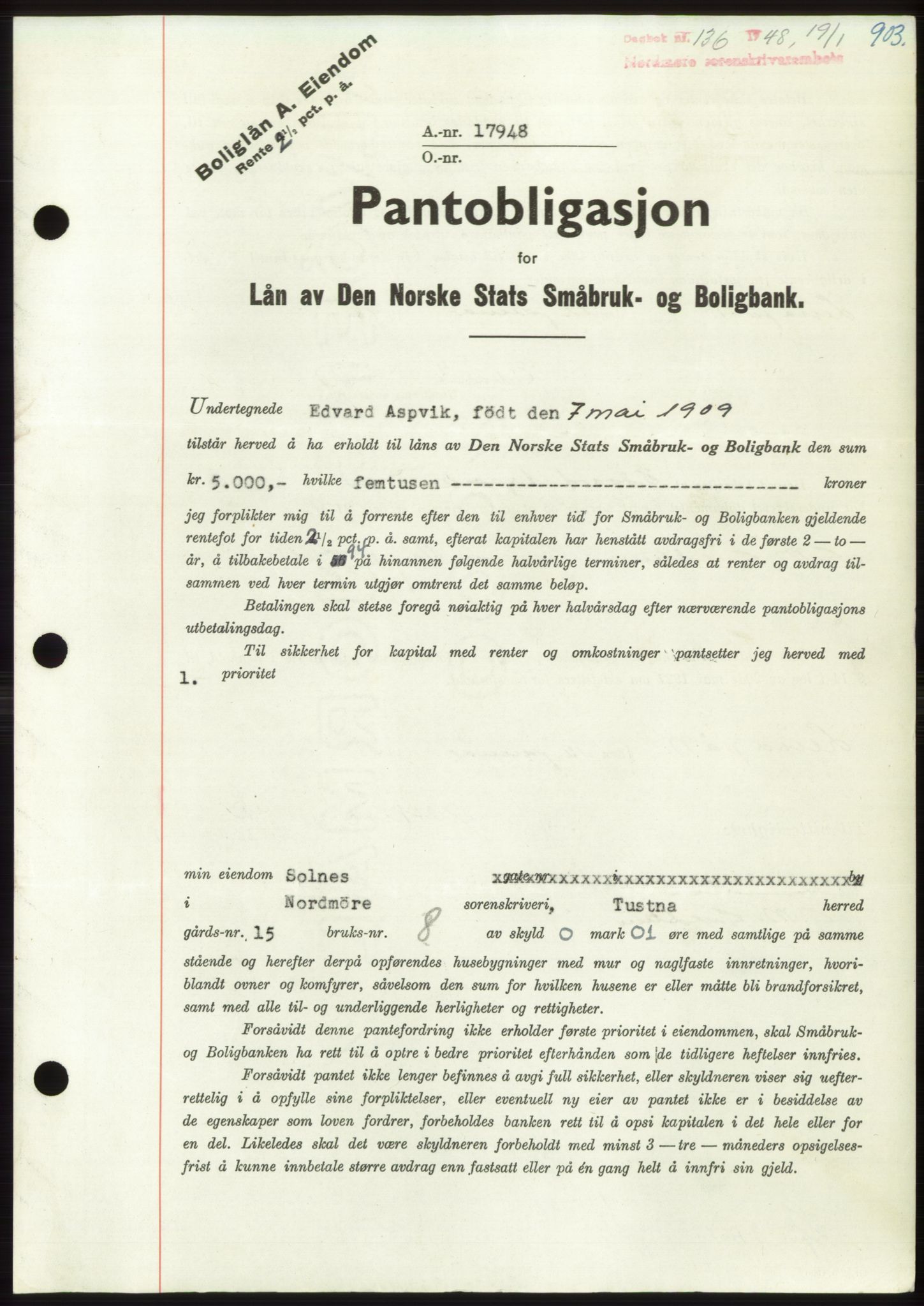 Nordmøre sorenskriveri, AV/SAT-A-4132/1/2/2Ca: Mortgage book no. B97, 1947-1948, Diary no: : 136/1948