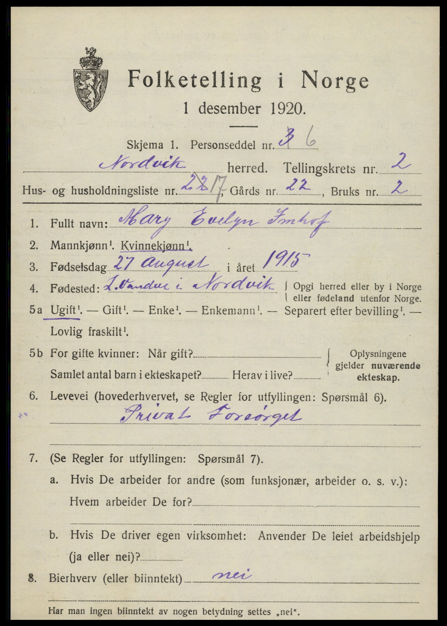 SAT, 1920 census for Nordvik, 1920, p. 1272