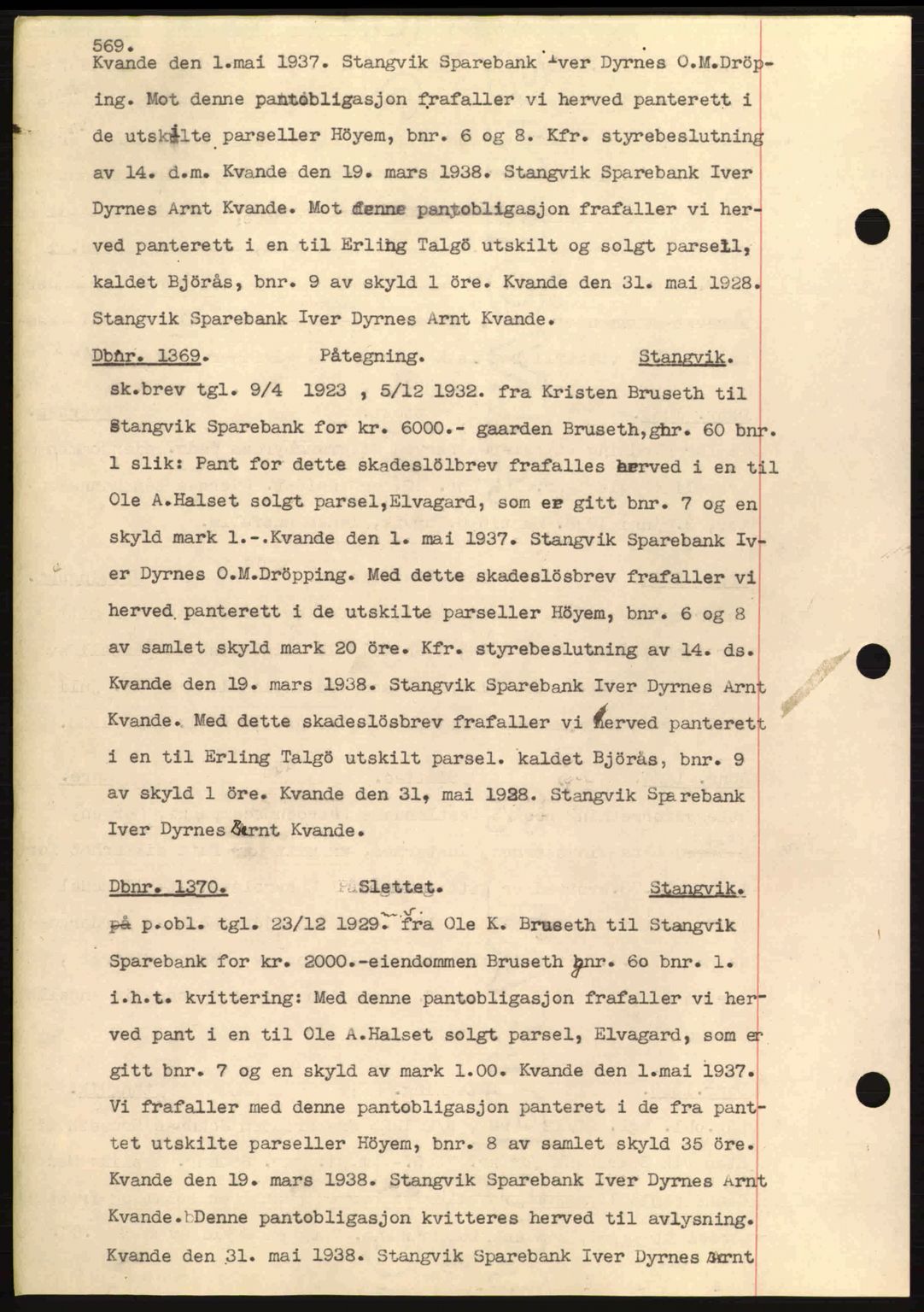 Nordmøre sorenskriveri, AV/SAT-A-4132/1/2/2Ca: Mortgage book no. C80, 1936-1939, Diary no: : 1369/1938