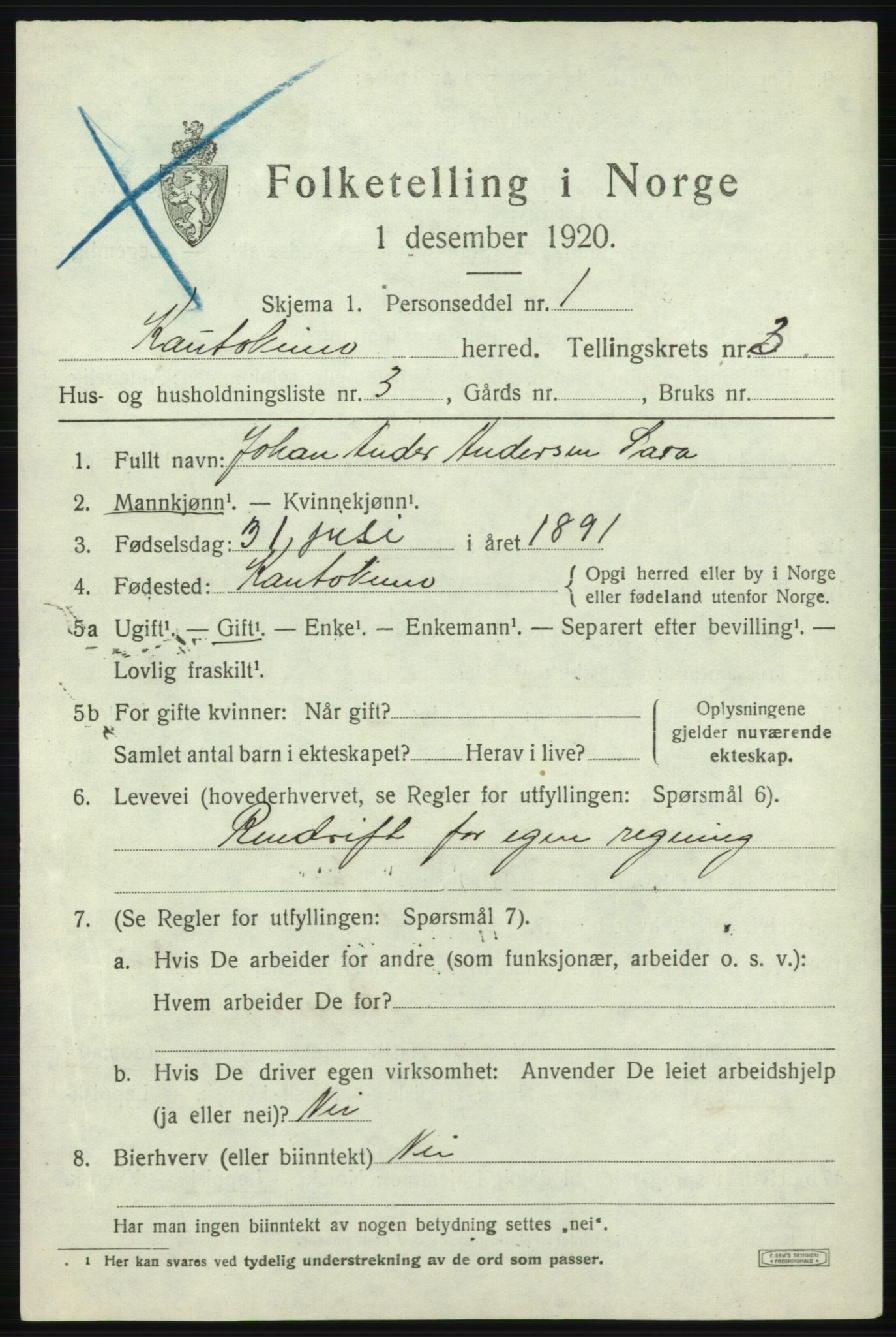 SATØ, 1920 census for Kautokeino, 1920, p. 1455