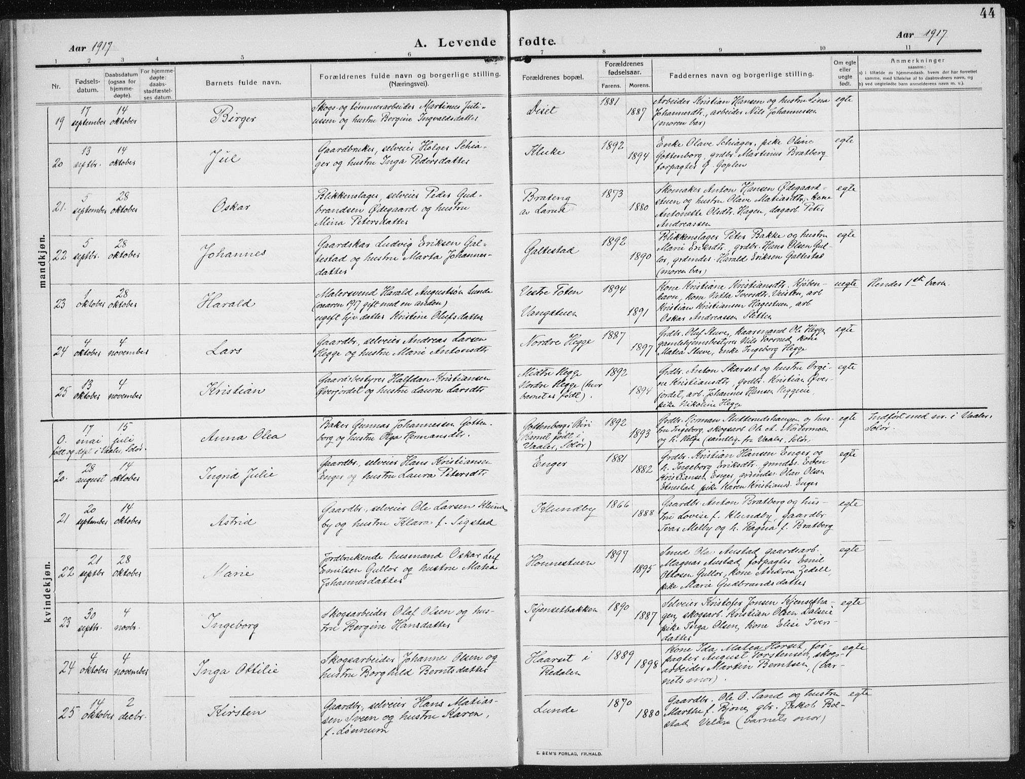 Biri prestekontor, AV/SAH-PREST-096/H/Ha/Hab/L0006: Parish register (copy) no. 6, 1909-1938, p. 44