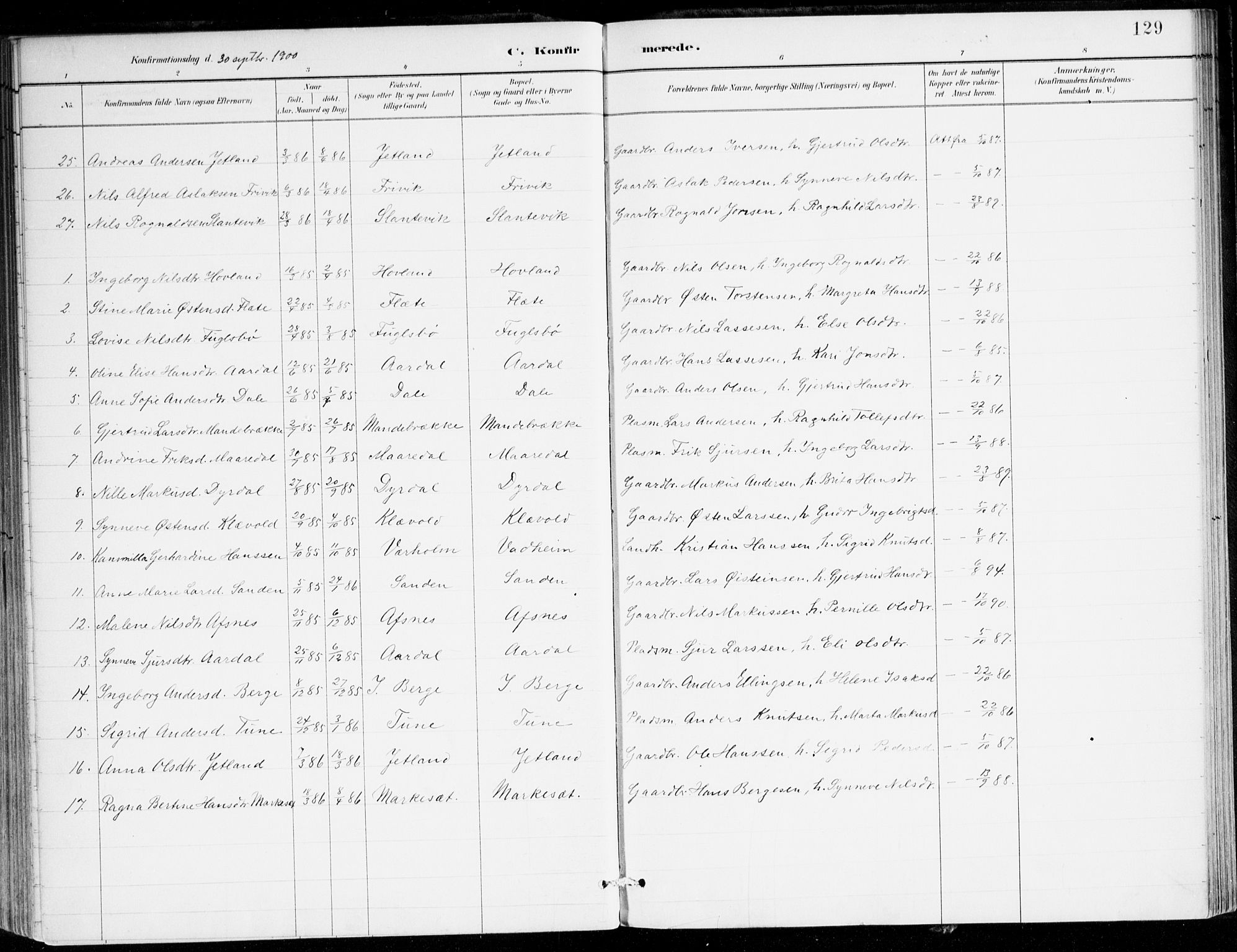 Lavik sokneprestembete, AV/SAB-A-80901: Parish register (official) no. C 1, 1882-1904, p. 129