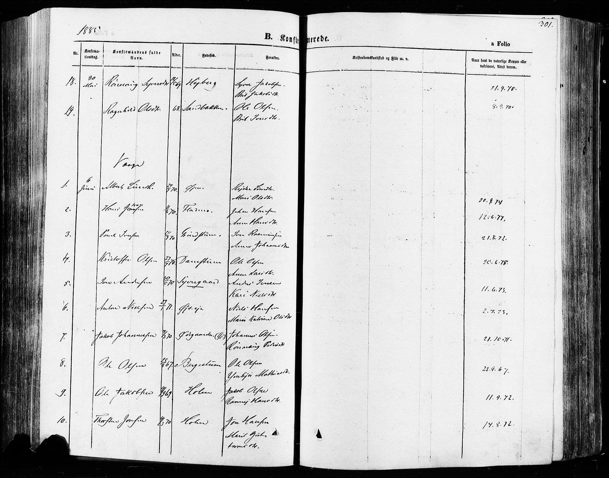 Vågå prestekontor, AV/SAH-PREST-076/H/Ha/Haa/L0007: Parish register (official) no. 7 /1, 1872-1886, p. 301