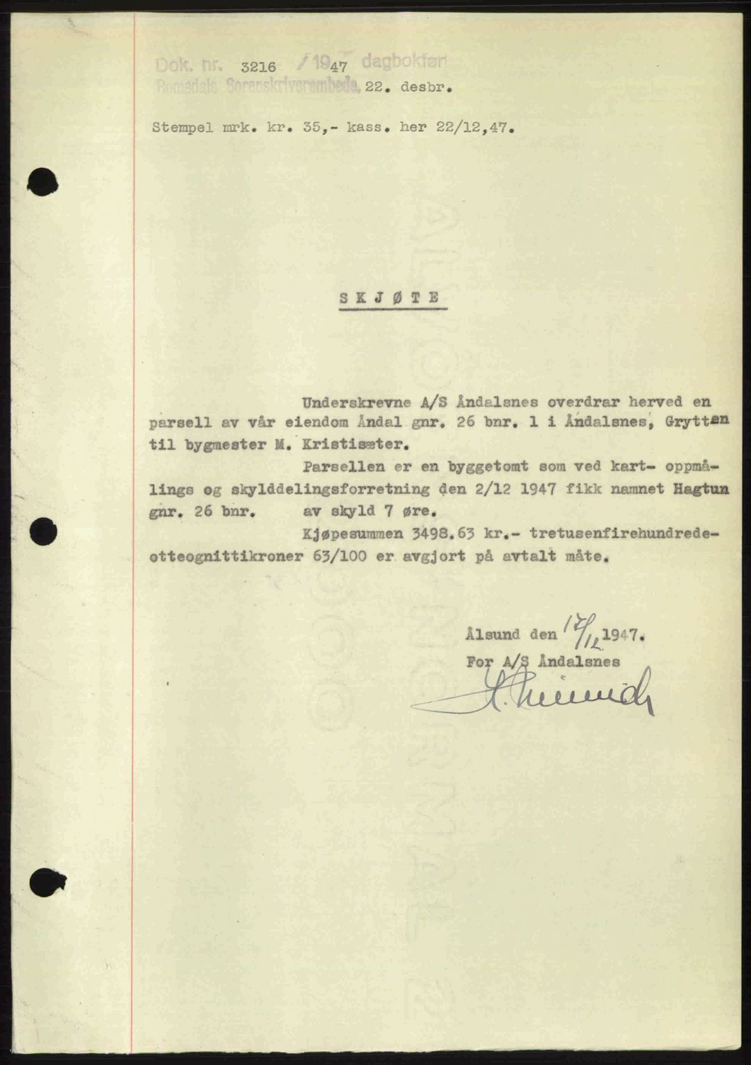 Romsdal sorenskriveri, SAT/A-4149/1/2/2C: Mortgage book no. A24, 1947-1947, Diary no: : 3216/1947