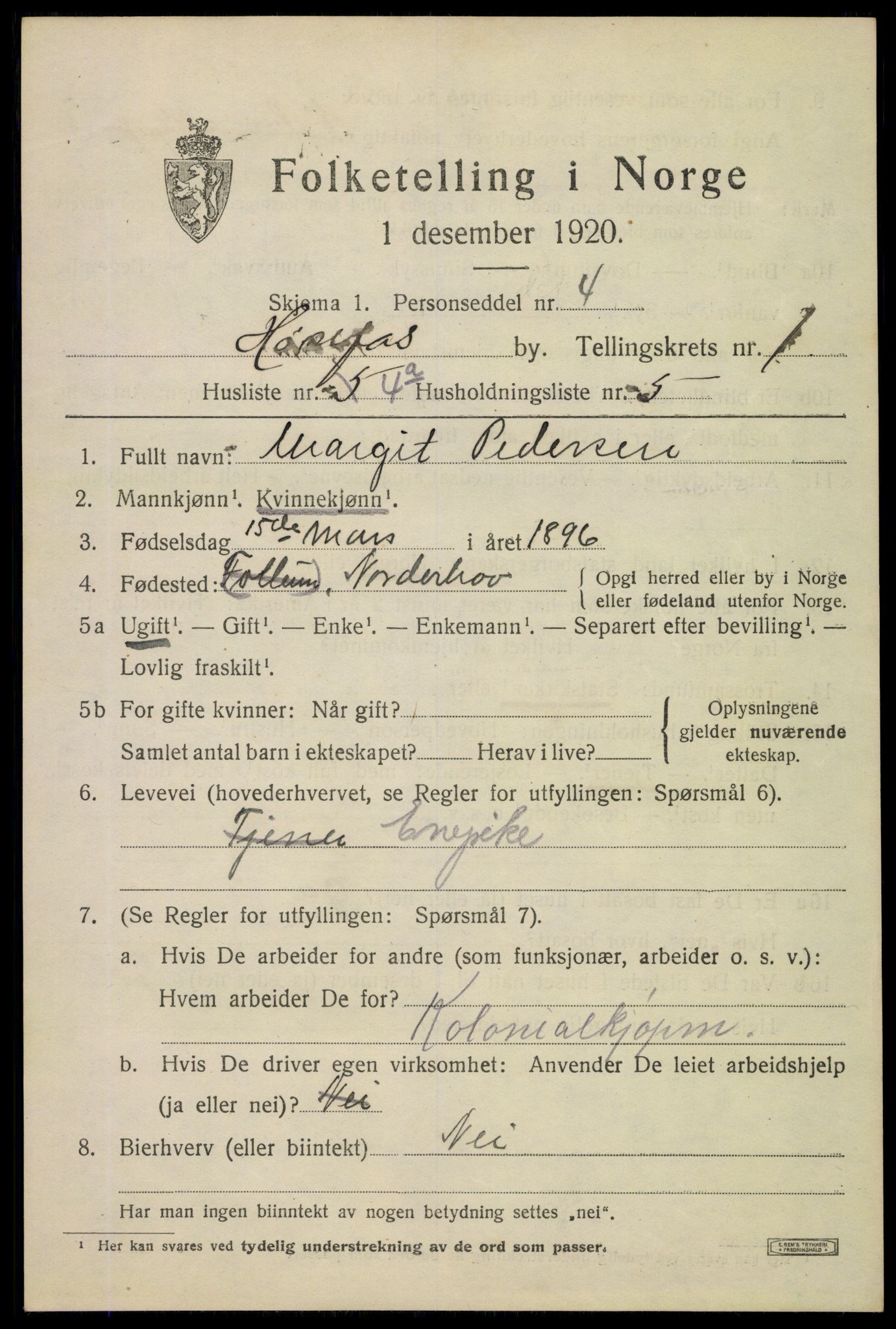 SAKO, 1920 census for Hønefoss, 1920, p. 2446