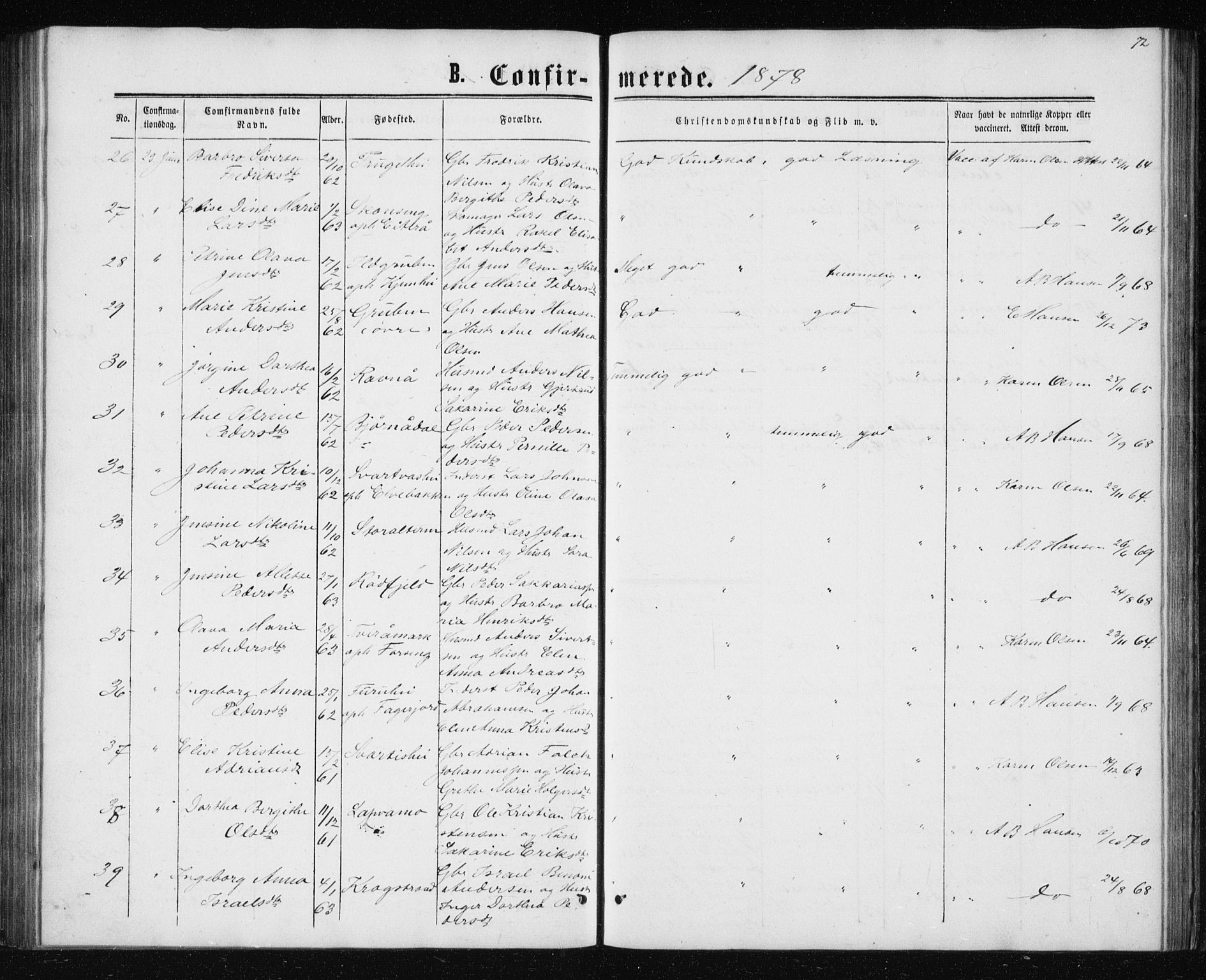 Ministerialprotokoller, klokkerbøker og fødselsregistre - Nordland, AV/SAT-A-1459/827/L0416: Parish register (copy) no. 827C05, 1865-1886, p. 72