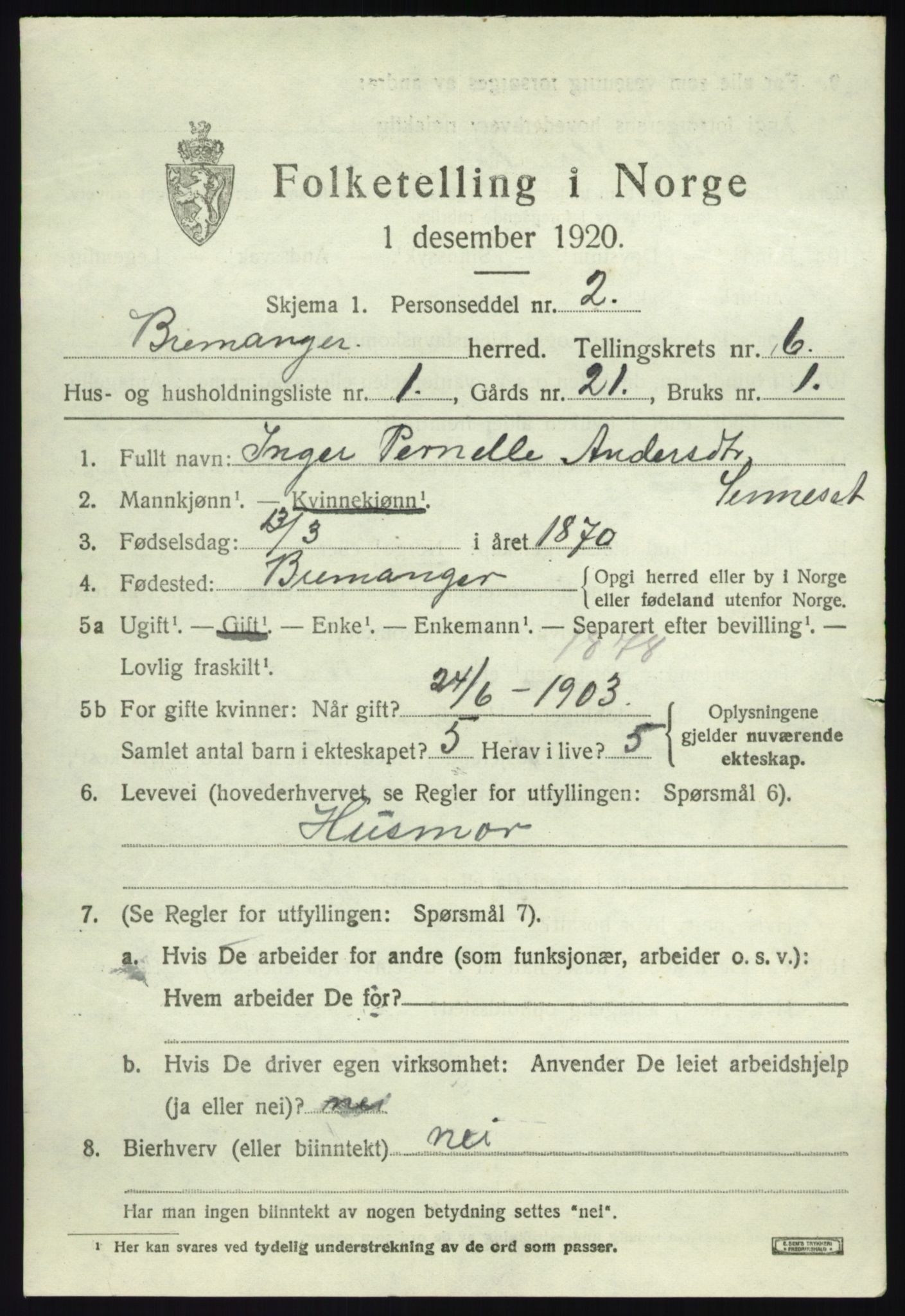 SAB, 1920 census for Bremanger, 1920, p. 4000