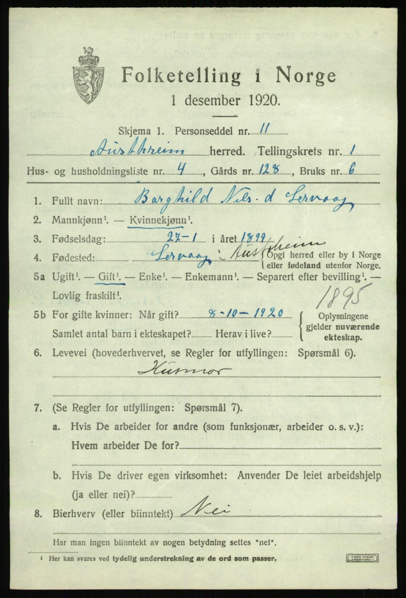 SAB, 1920 census for Austrheim, 1920, p. 1020