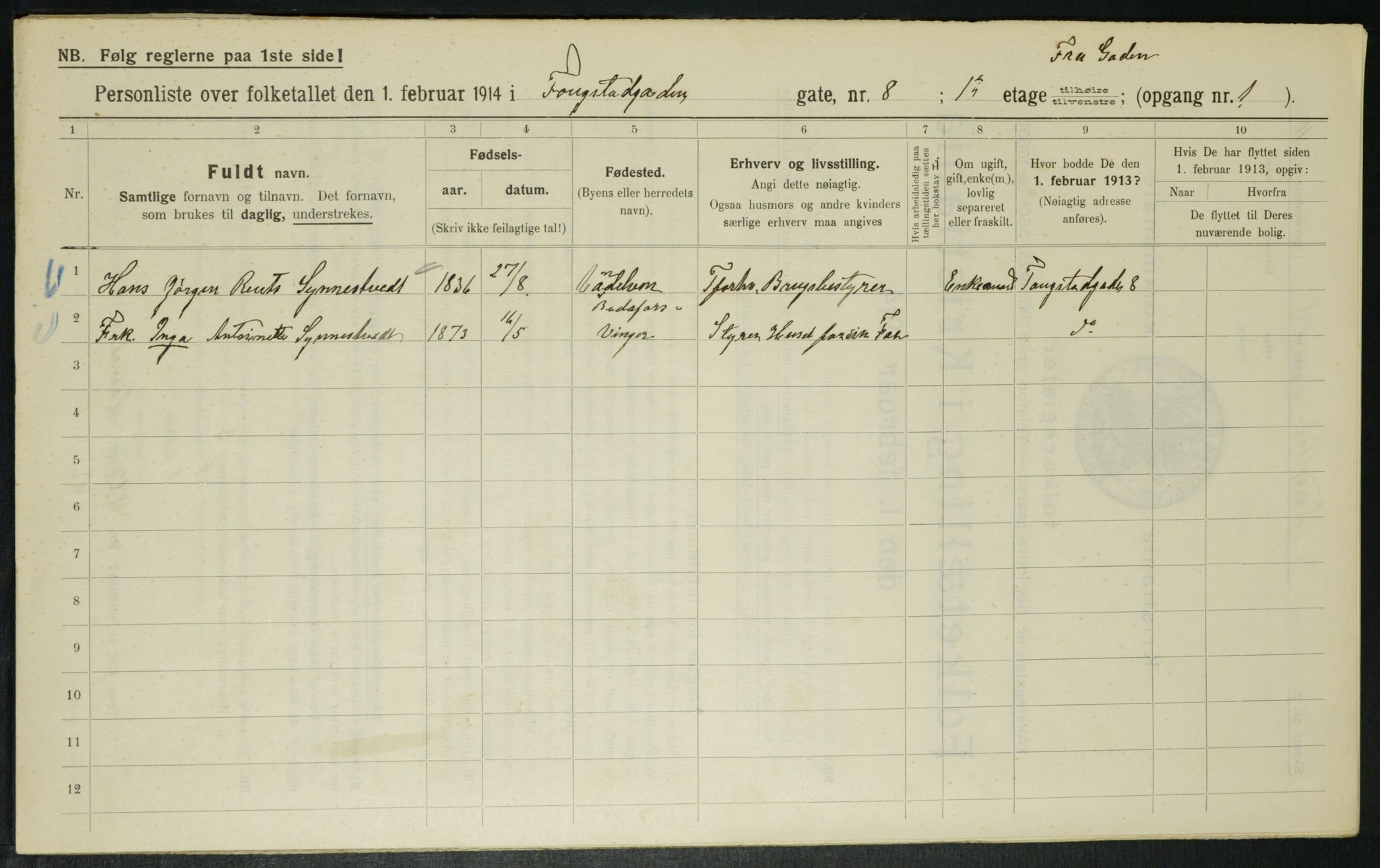 OBA, Municipal Census 1914 for Kristiania, 1914, p. 25454