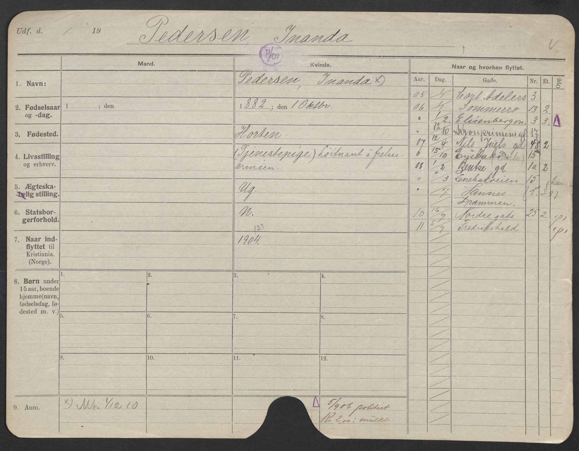 Oslo folkeregister, Registerkort, AV/SAO-A-11715/F/Fa/Fac/L0022: Kvinner, 1906-1914, p. 721a