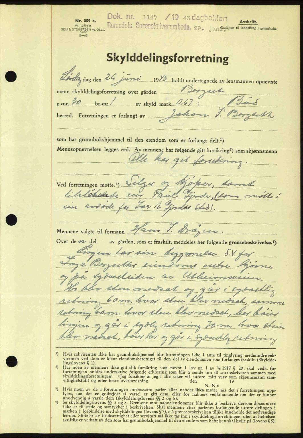 Romsdal sorenskriveri, AV/SAT-A-4149/1/2/2C: Mortgage book no. A14, 1943-1943, Diary no: : 1147/1943