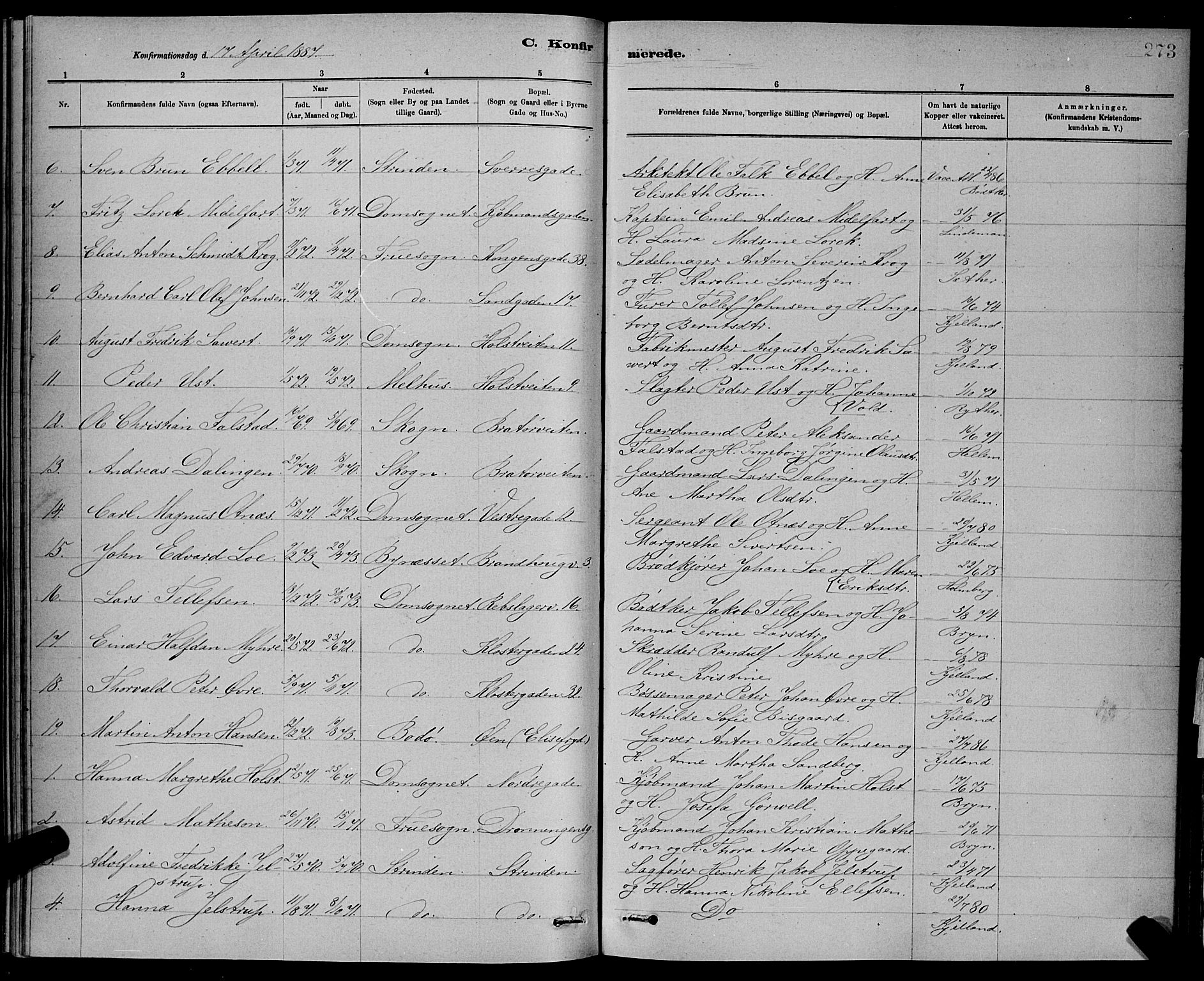 Ministerialprotokoller, klokkerbøker og fødselsregistre - Sør-Trøndelag, AV/SAT-A-1456/601/L0092: Parish register (copy) no. 601C10, 1884-1897, p. 273