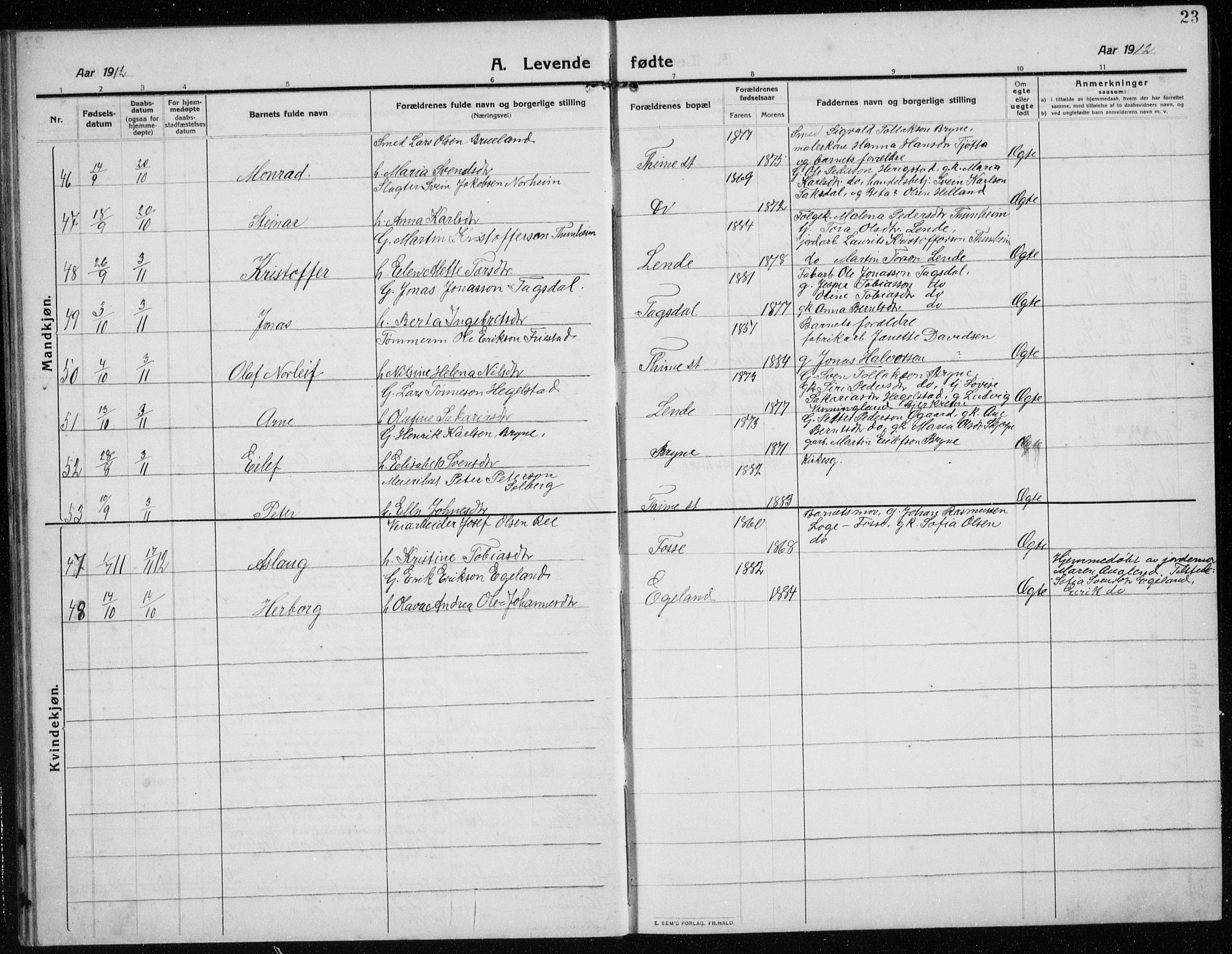 Time sokneprestkontor, AV/SAST-A-101795/001/30BB/L0001: Parish register (copy) no. B 1, 1910-1932, p. 23