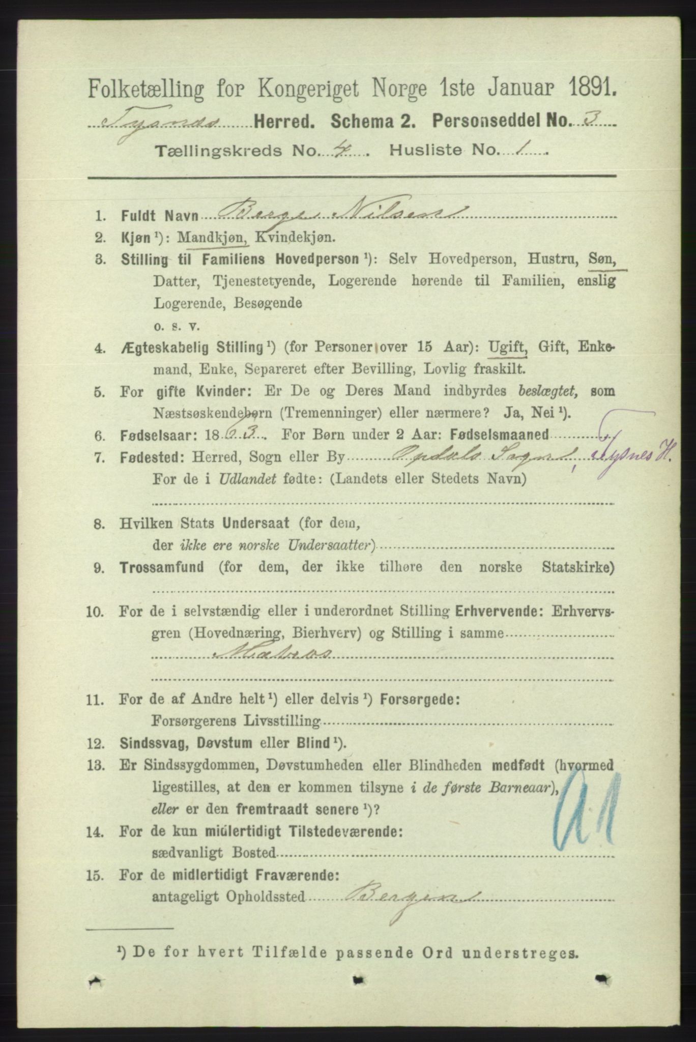 RA, 1891 census for 1223 Tysnes, 1891, p. 1534