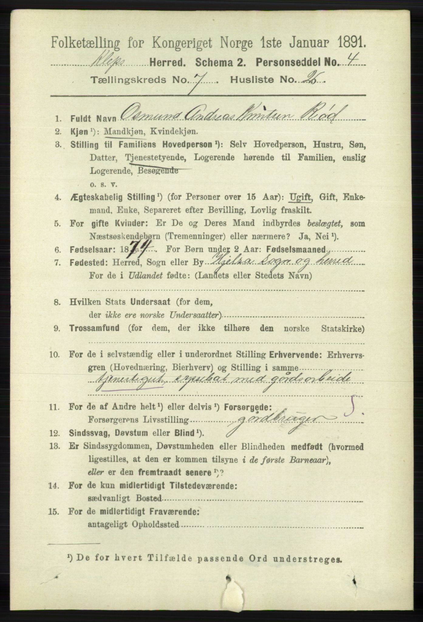 RA, 1891 census for 1120 Klepp, 1891, p. 2287