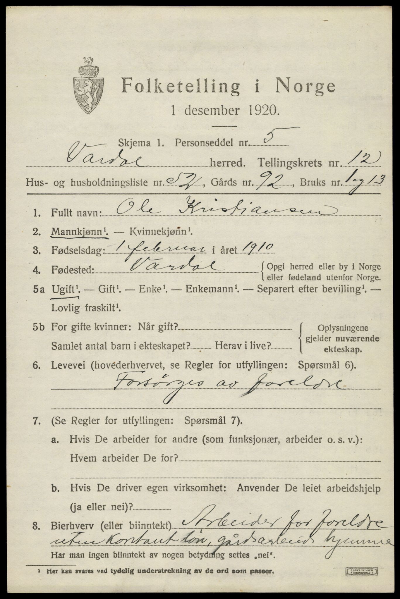 SAH, 1920 census for Vardal, 1920, p. 13795