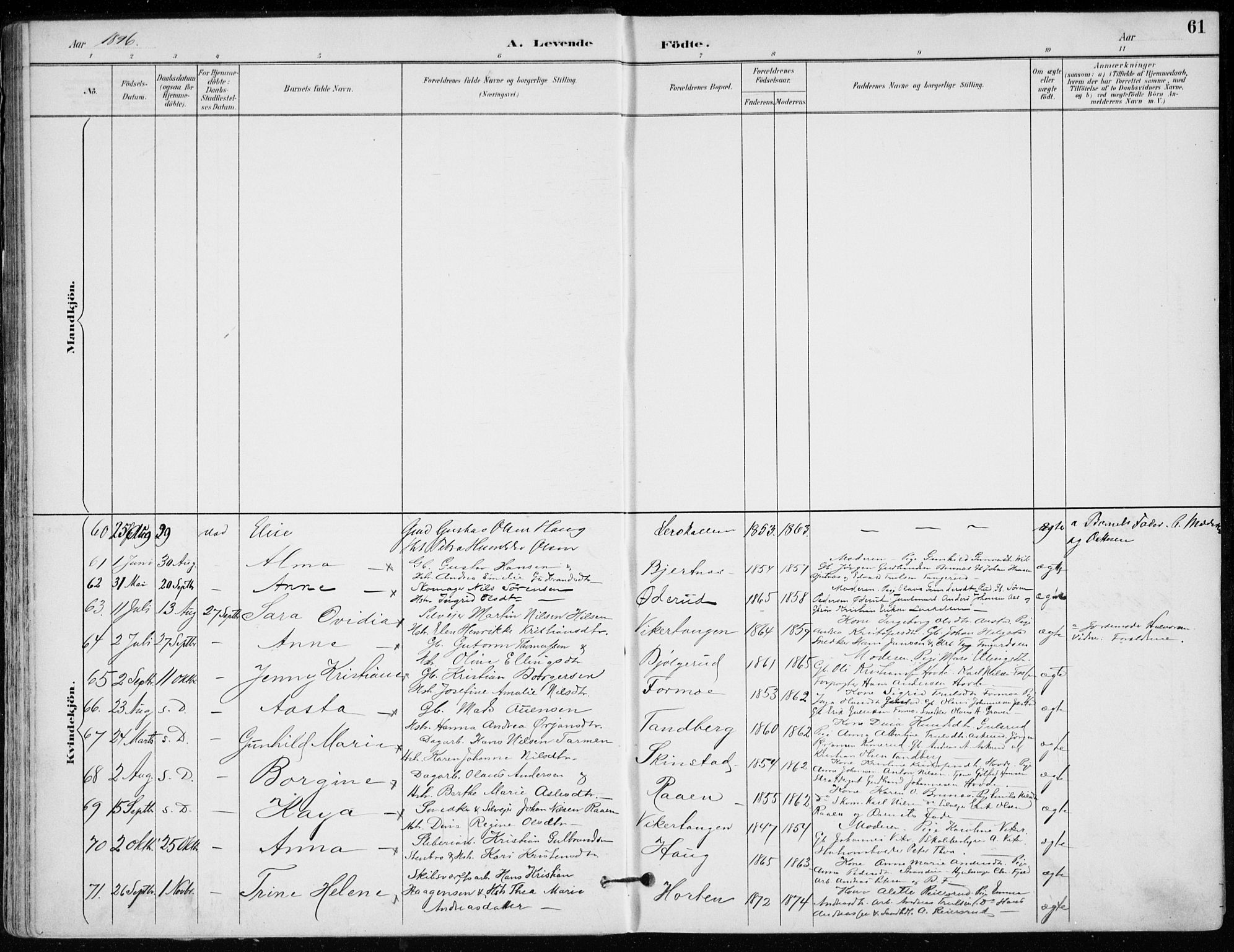 Modum kirkebøker, AV/SAKO-A-234/F/Fa/L0012: Parish register (official) no. 12, 1890-1898, p. 61